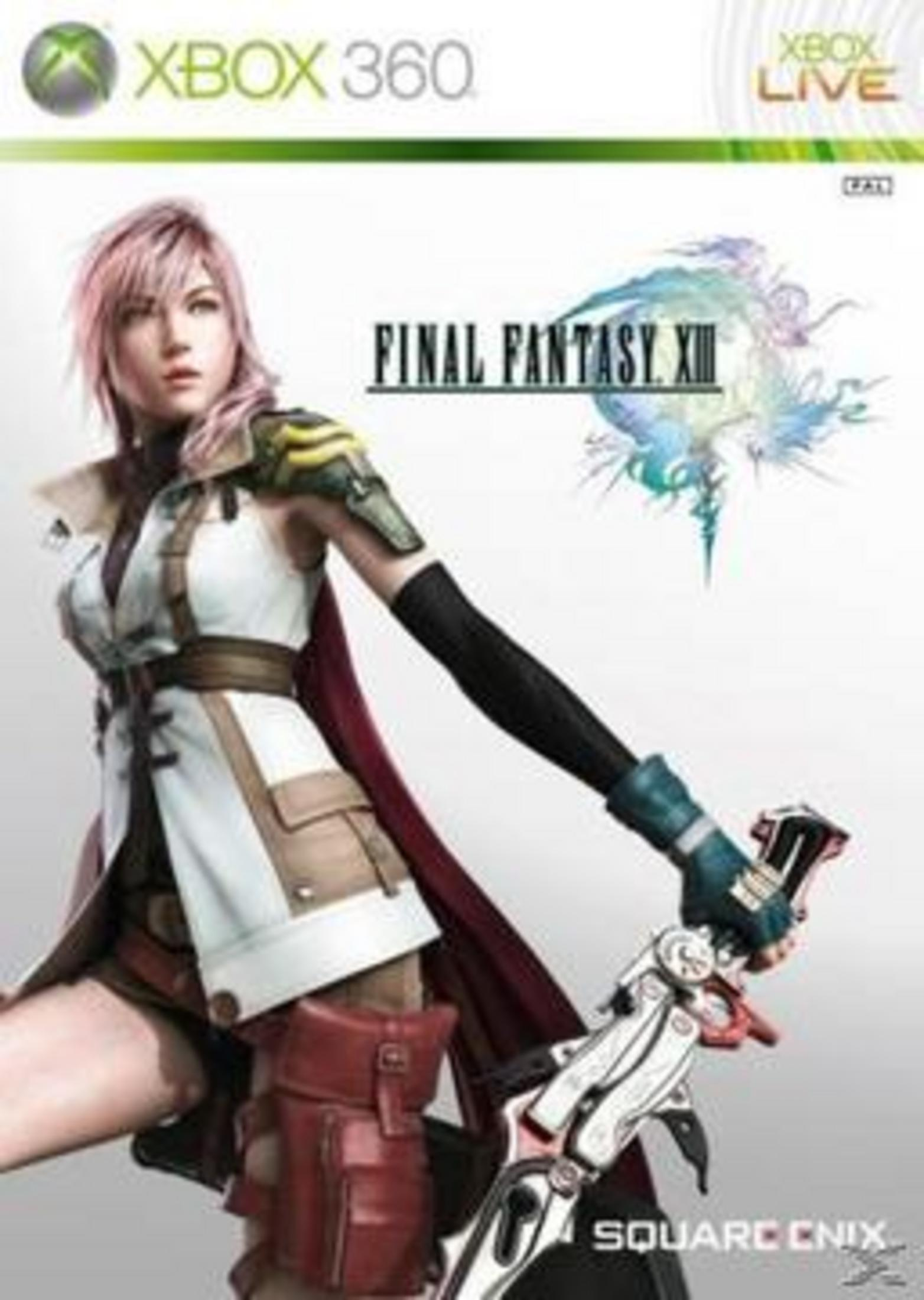 Xbox 360 Cover für Final Fantasy XIII mit Lightning, die ein Schwert hält.