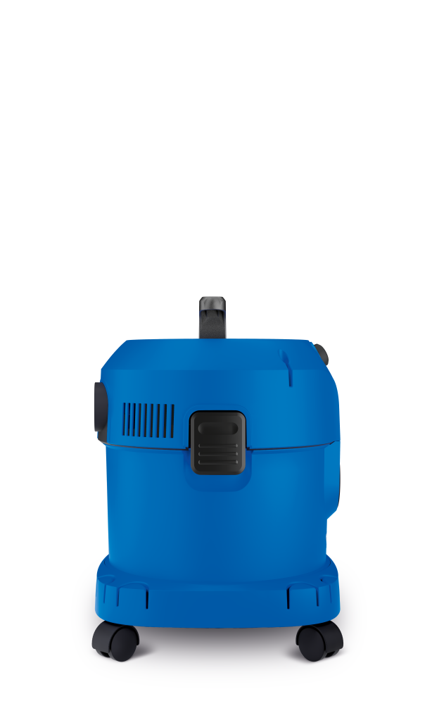 Un aspirateur eau et poussière bleu avec des roues, une poignée et des attaches noires sur fond blanc.