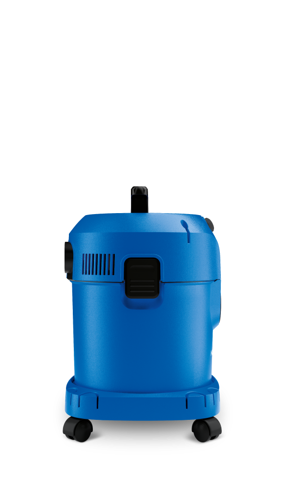 Un aspirateur industriel cylindrique bleu avec des roulettes noires sur fond blanc.