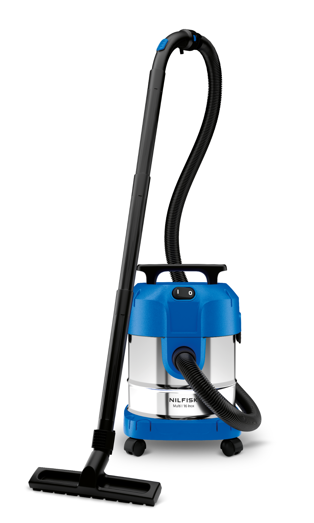 Aspirateur eau et poussière Nilfisk bleu et argent avec tuyau noir sur fond blanc.