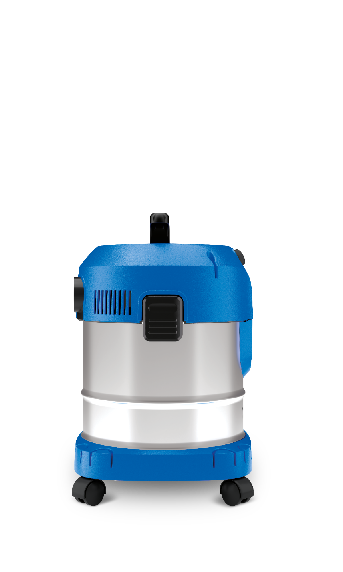 Un aspirateur eau et poussière bleu et argent sur quatre roues sur fond blanc.