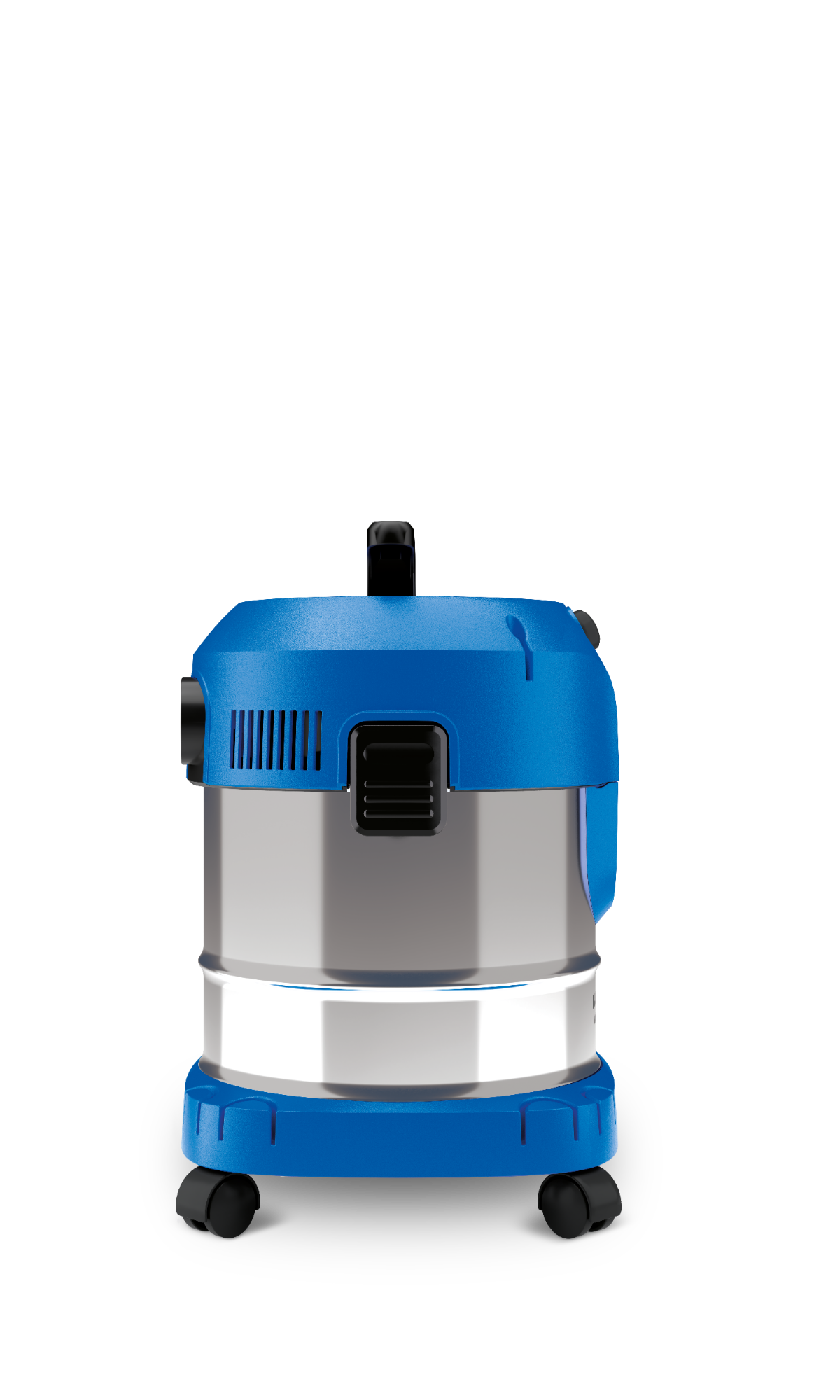 Un aspirateur eau et poussière bleu et argenté sur roues sur fond blanc.