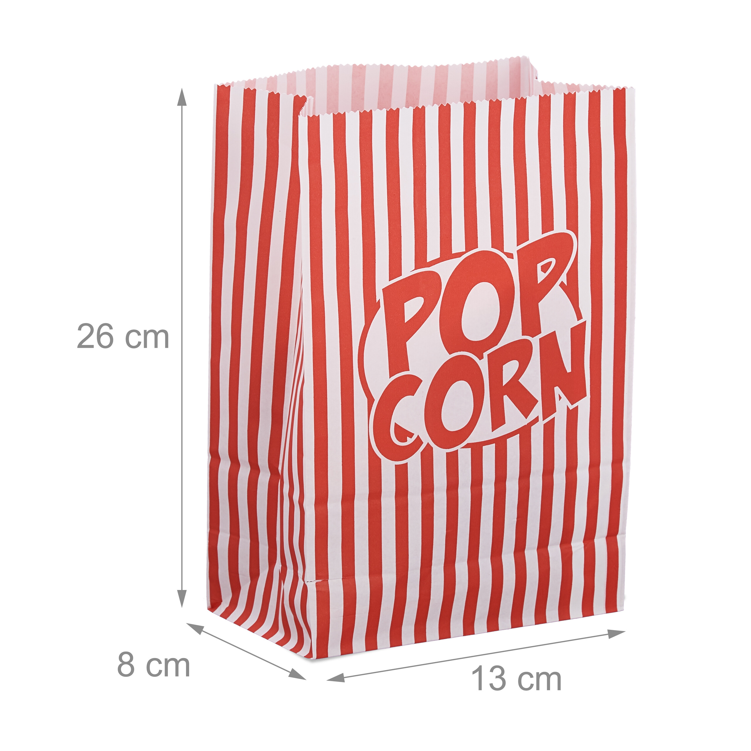 Rot-weiß gestreifte Popcorntüte aus Papier, 13x8x26 cm groß.