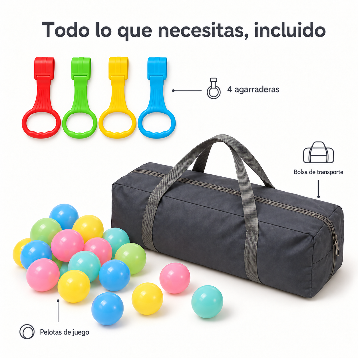 Set de pelotas de juego de colores, cuatro agarraderas y una bolsa de transporte.