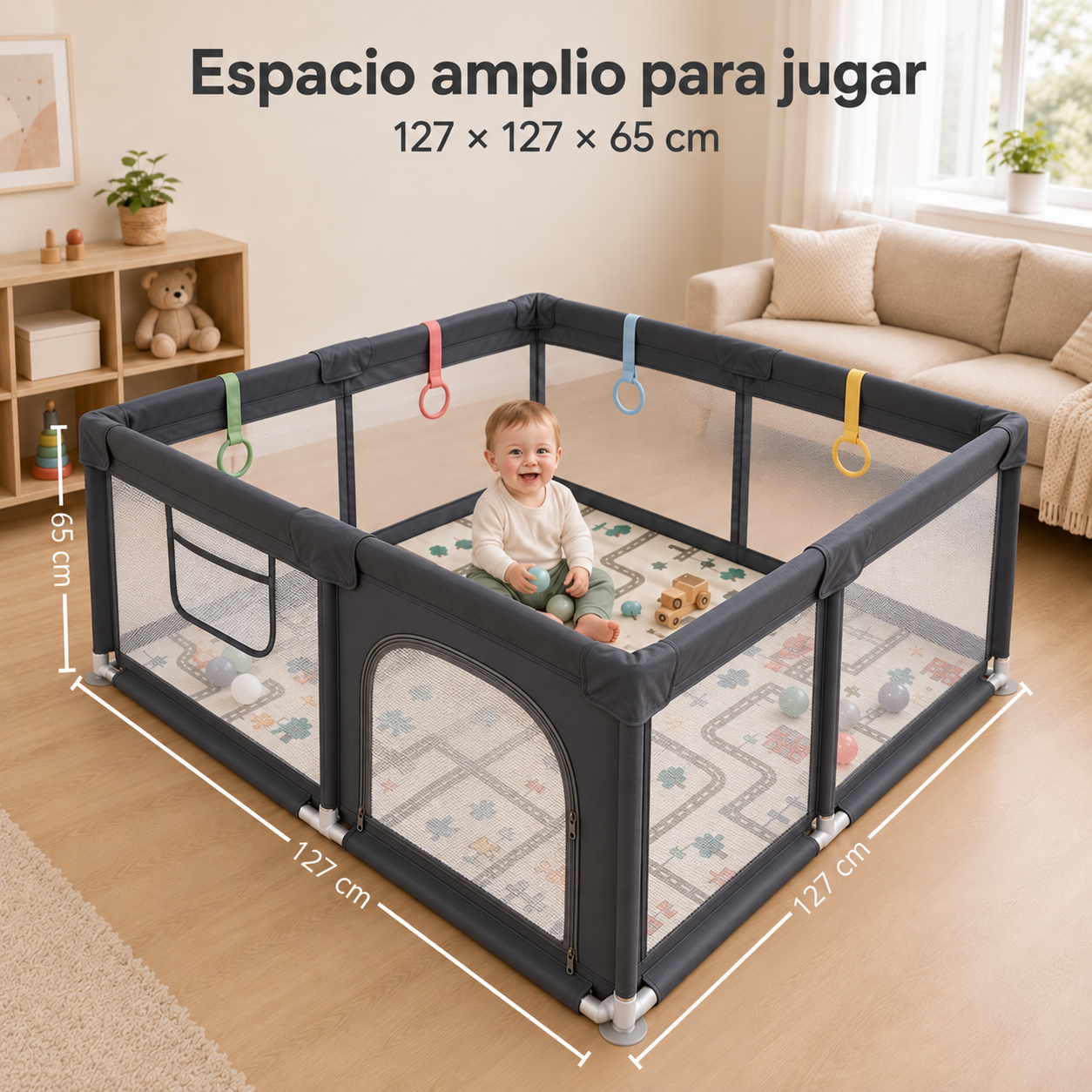Un bebé sonriente se sienta en un corralito gris grande sobre una alfombra en una habitación iluminada.