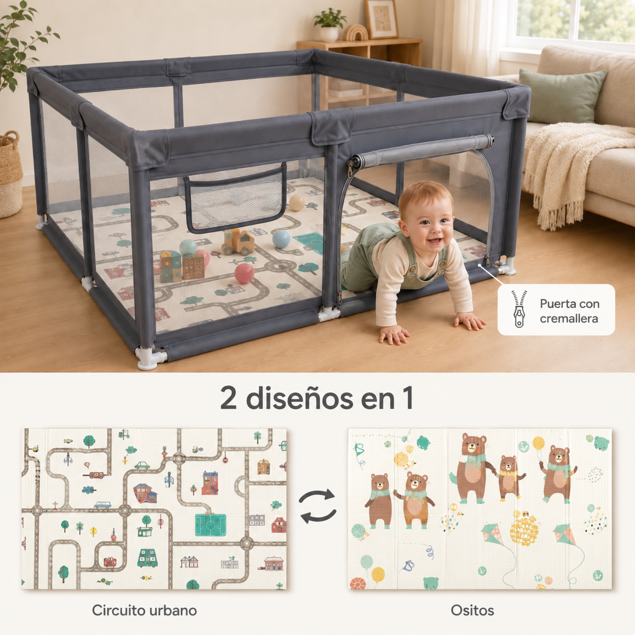 Un bebé sale gateando de un corralito gris con alfombra de calles y juguetes.