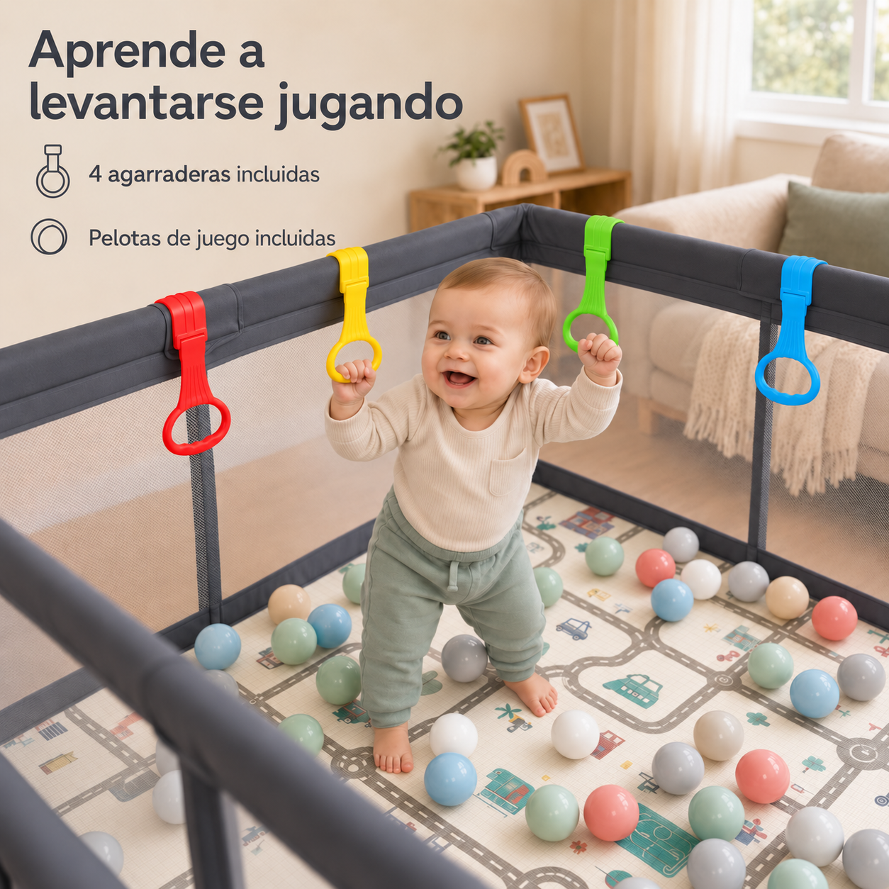 Un bebé de pie en un corralito agarrando anillos de colores, rodeado de bolas en una alfombra.