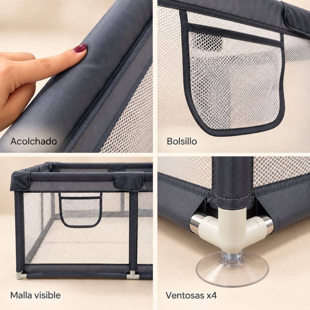 Cuatro vistas en detalle de un corralito azul que muestran el acolchado, un bolsillo, malla y ventosas.