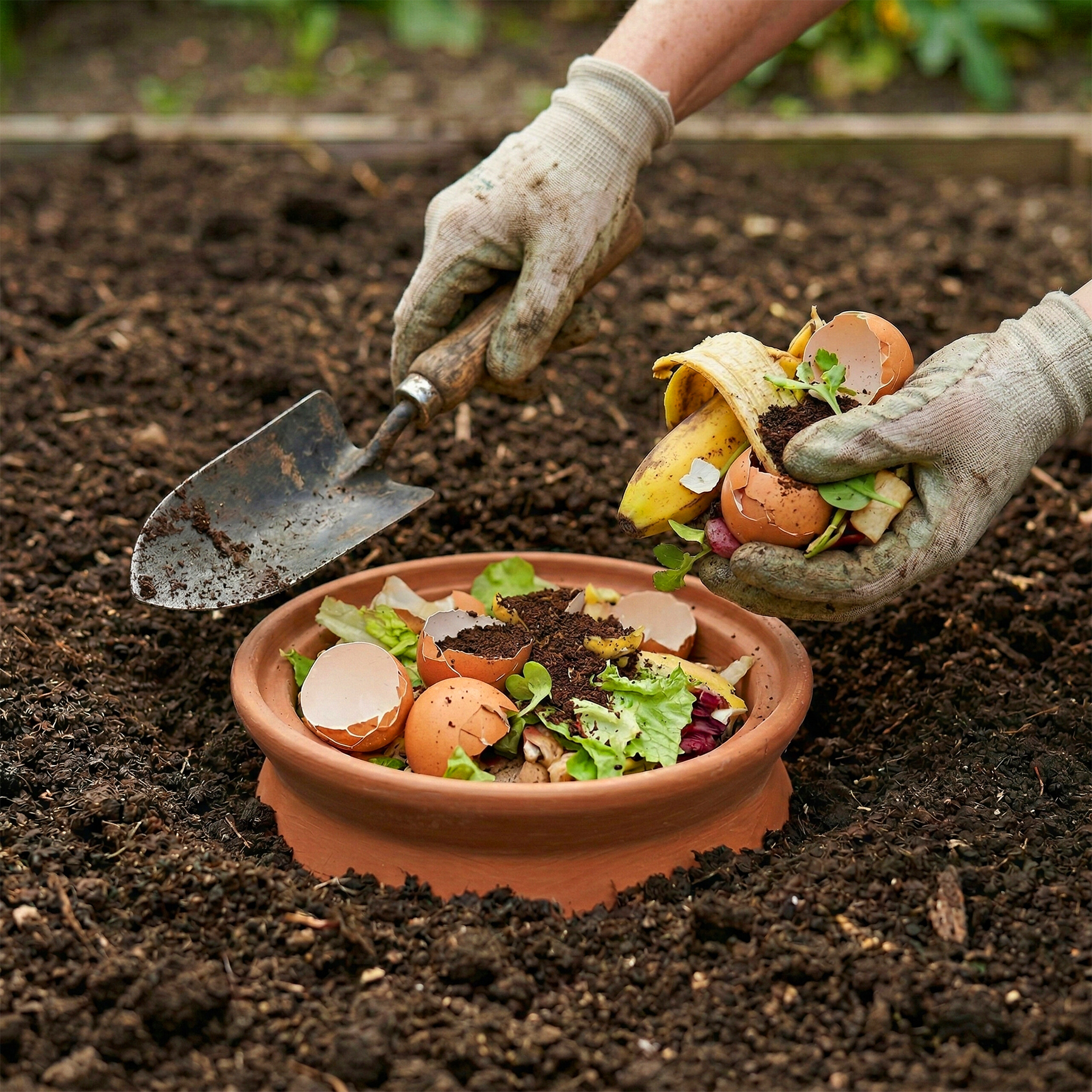 Gergelnde Handschuhe füllen Küchenabfälle und Eierschalen in einen Tontopf im Garten.