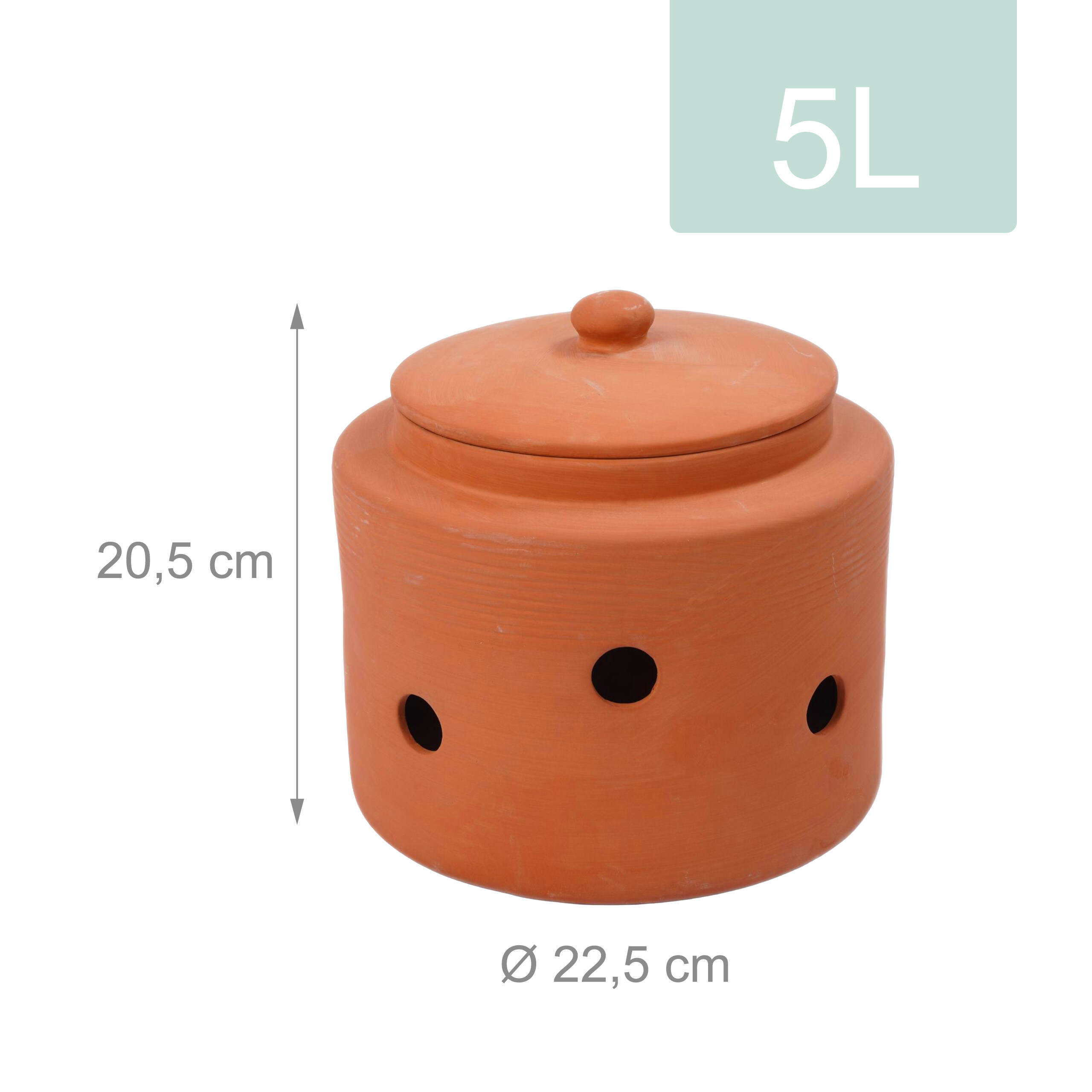 Terrakotta-Gefäß mit Deckel, Durchmesser 22,5 cm, Höhe 20,5 cm, Fassungsvermögen 5 Liter.