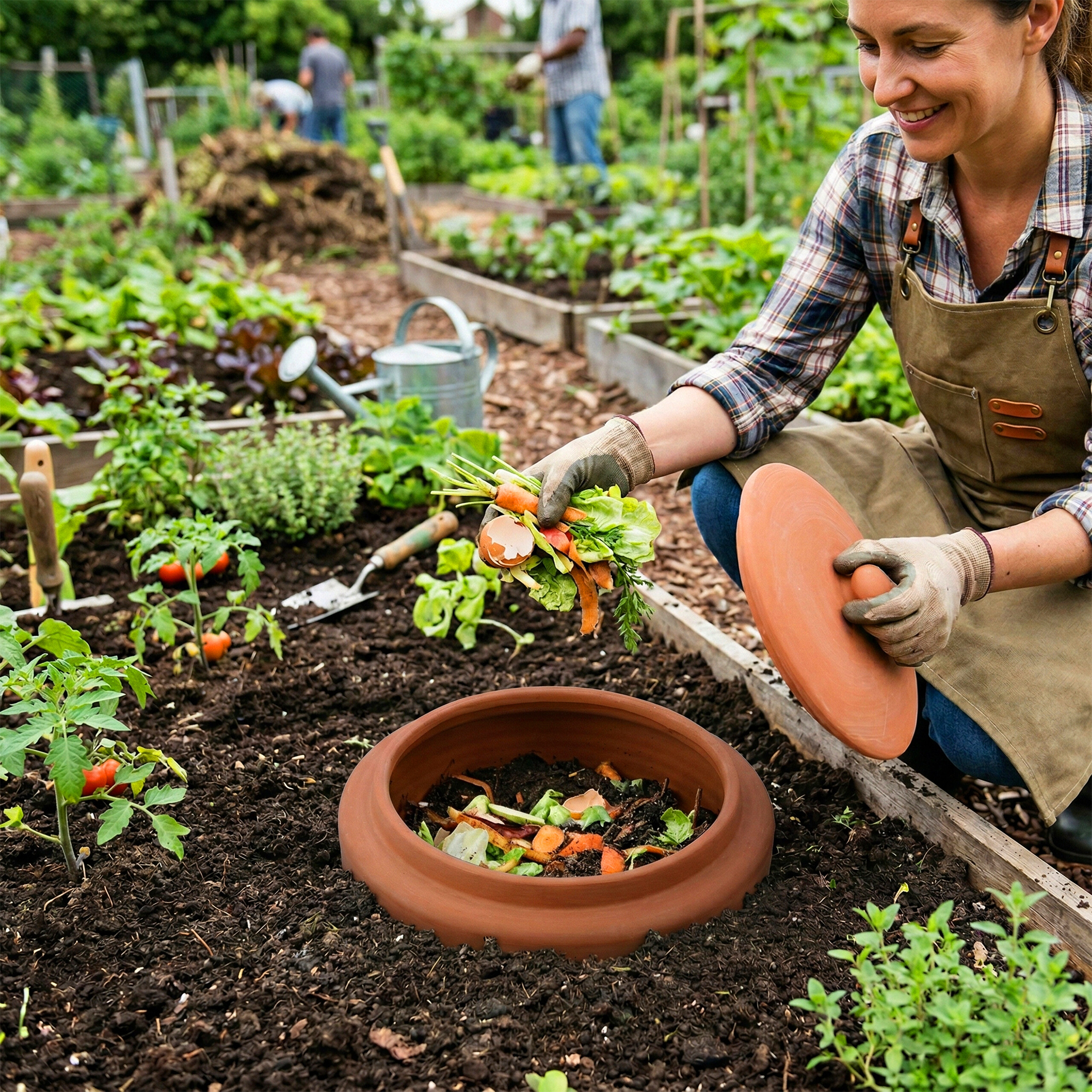 Eine Frau in einer Garten-Schürze fügt Gemüsereste in eine Töpfer-Komposttonne im Boden hinzu.