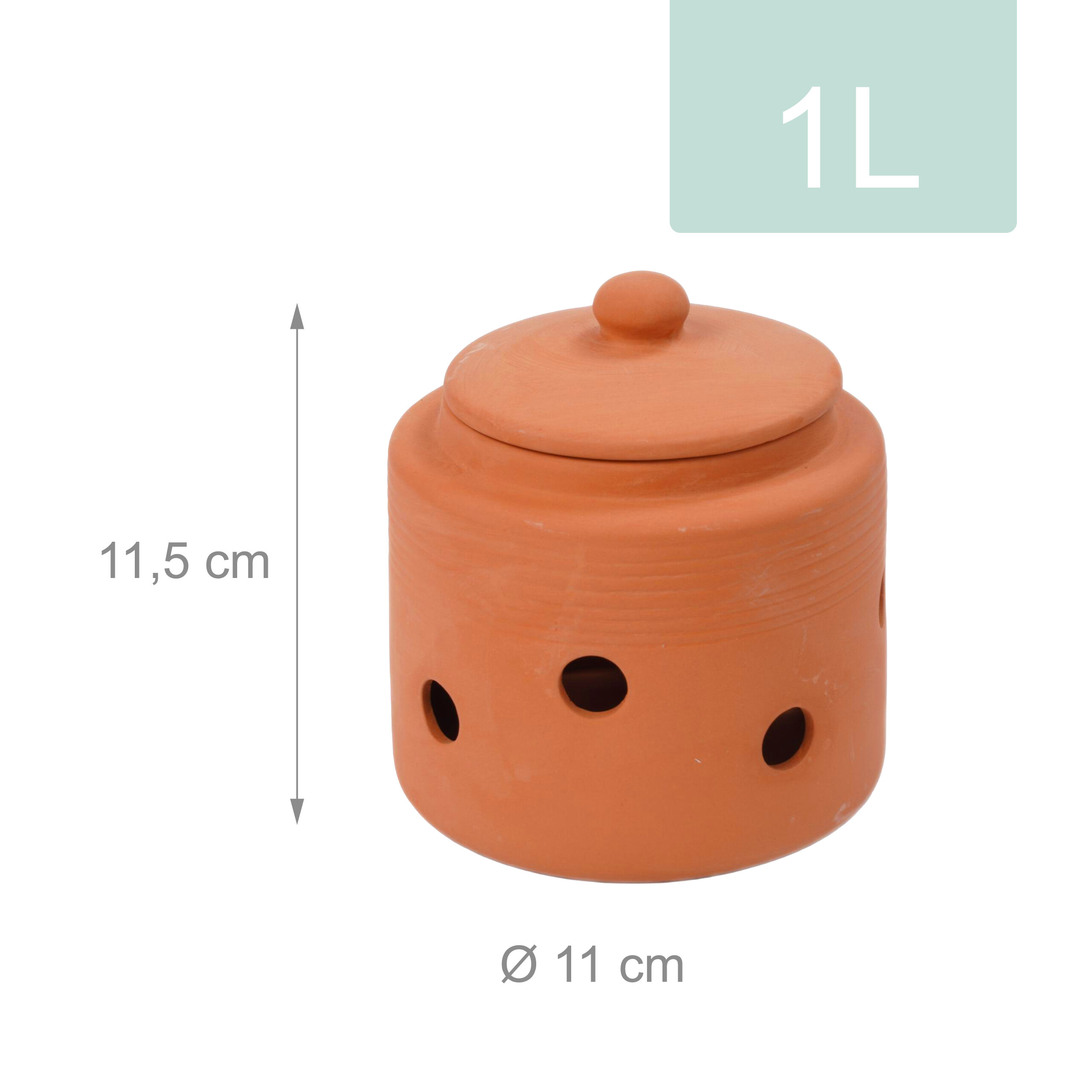 Terracotta-Behälter mit Deckel und Löchern, Höhe 11,5 cm, Durchmesser 11 cm, Kapazität 1L.