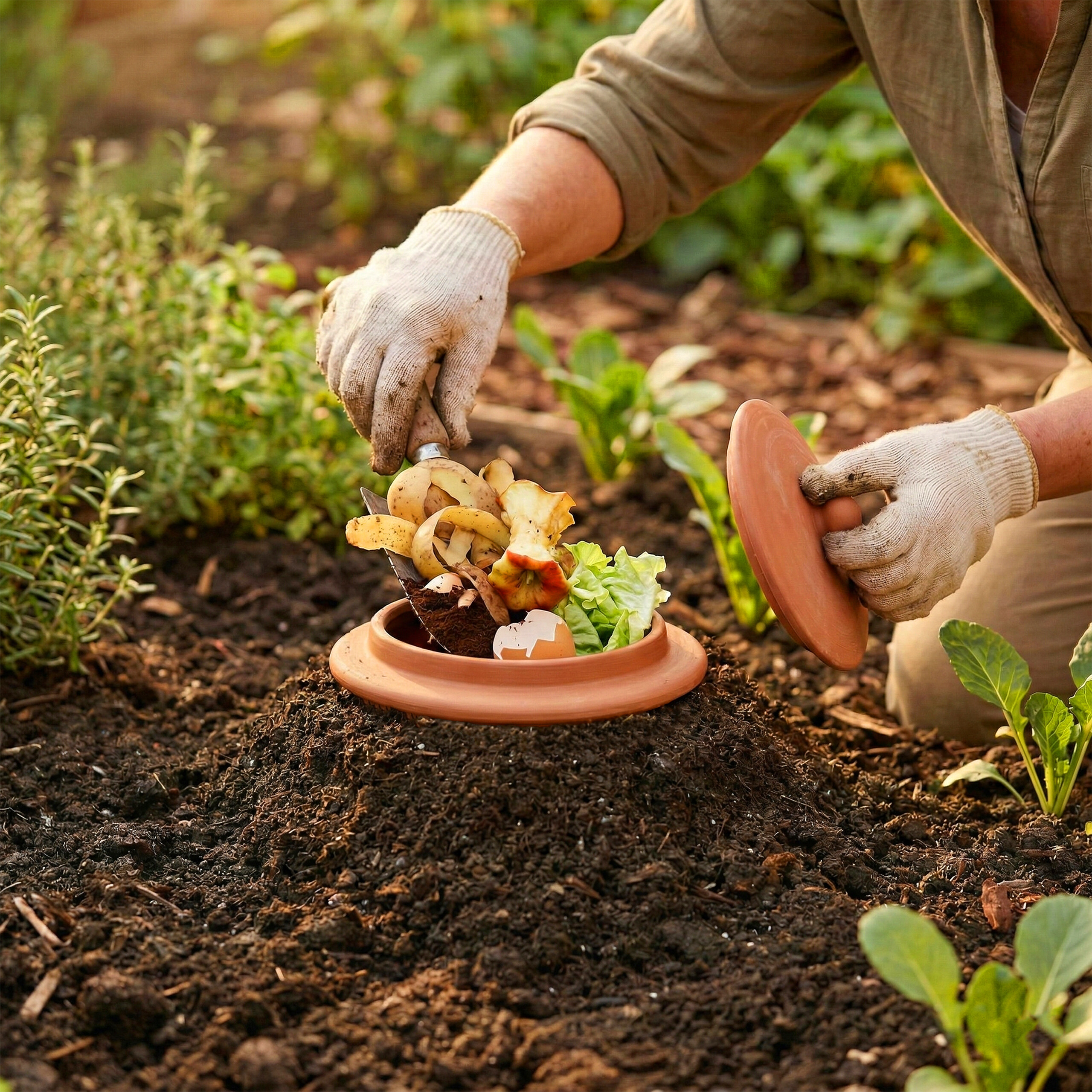 Person in Gartenhandschuhen legt Gemüsereste in einen Tontopf im Gartenboden.