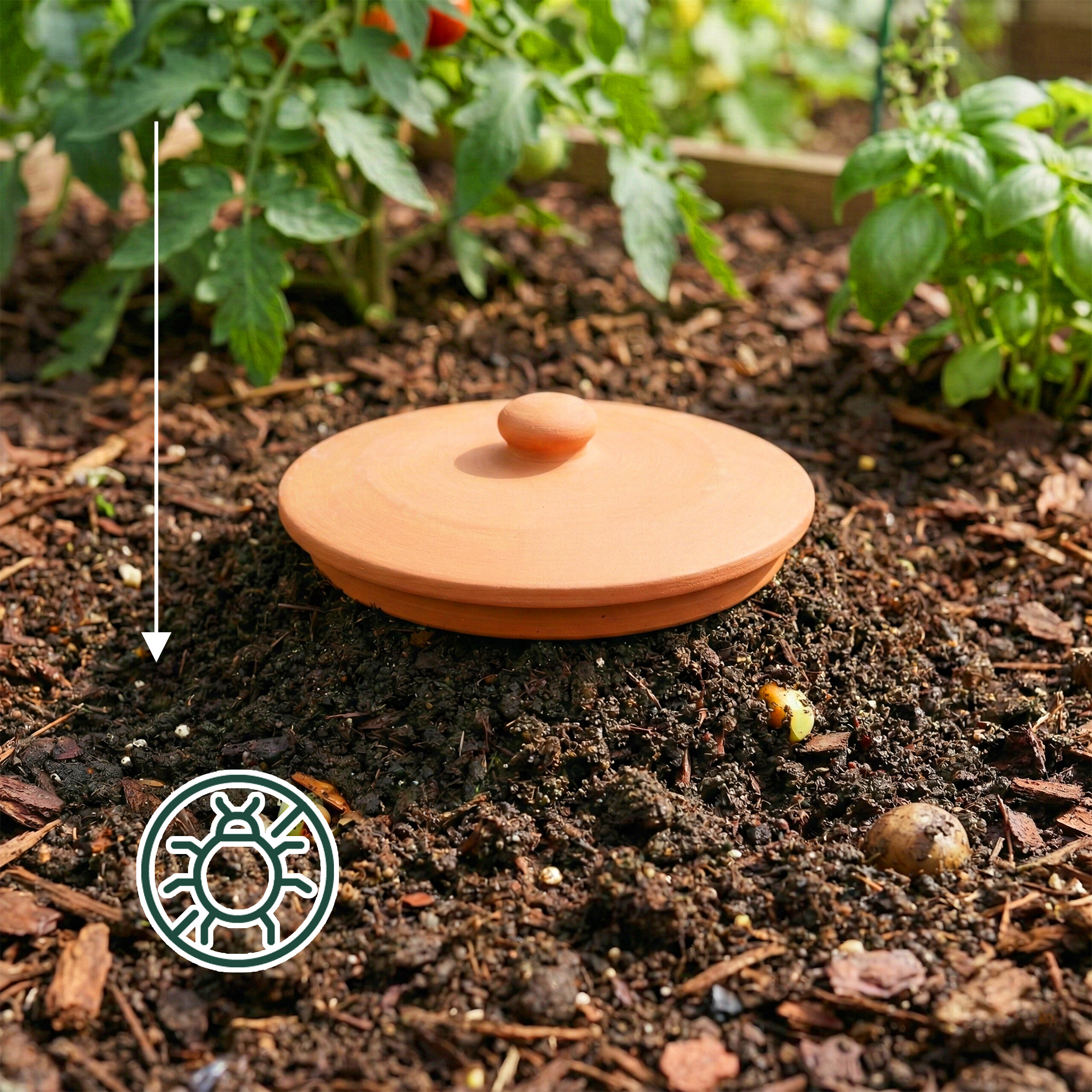 Ein Tonschiffchen auf feuchter Gartenerde, umgeben von grünen Pflanzen.