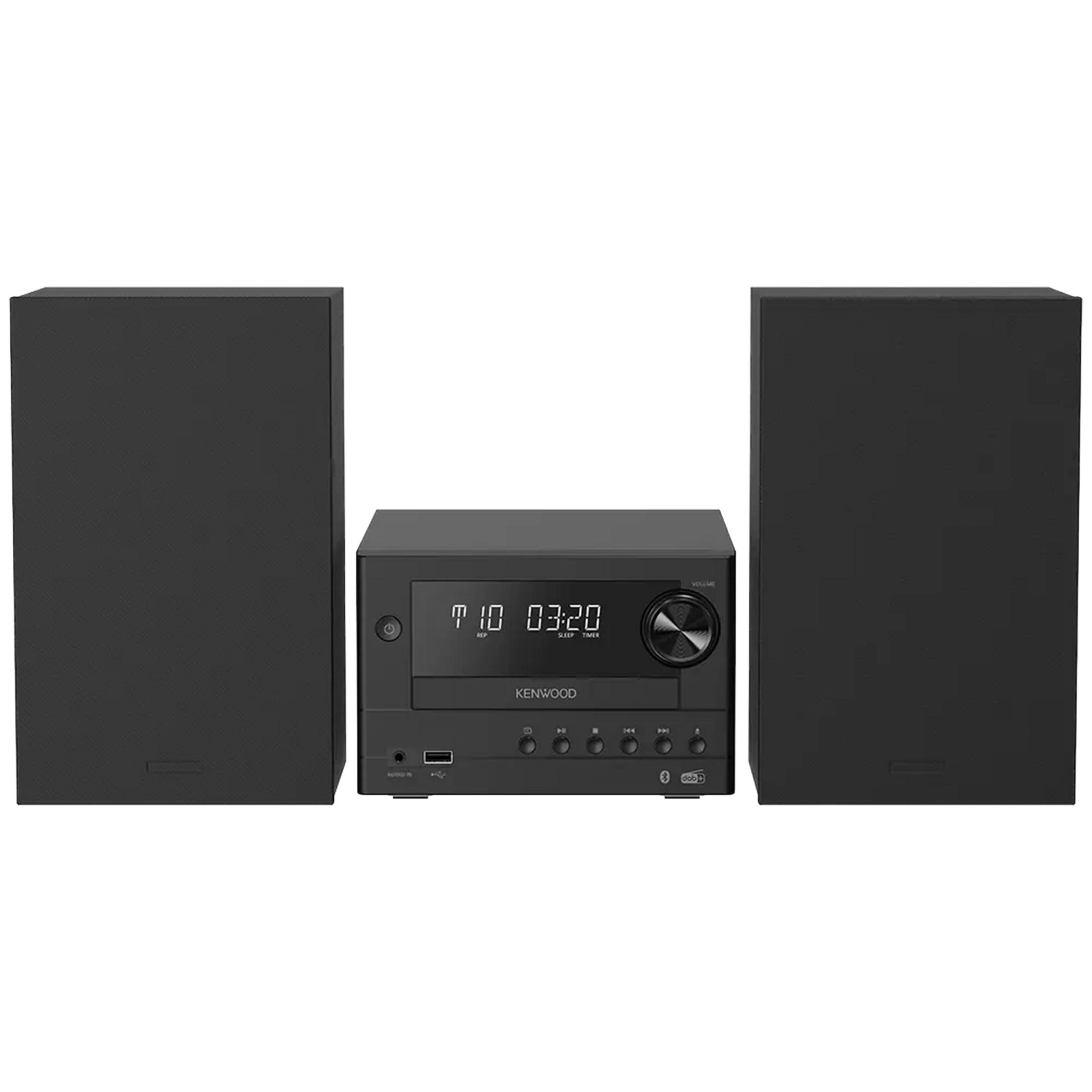 Sistema de alta fidelidad Kenwood negro con dos altavoces y pantalla digital.