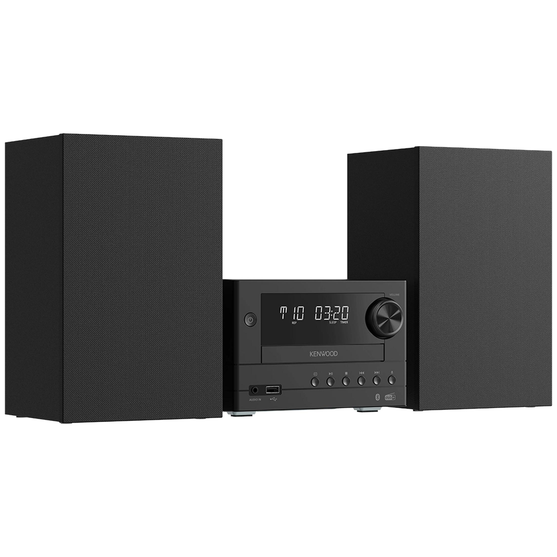 Un sistema de sonido Kenwood negro con dos altavoces separados, pantalla digital y botones sobre fondo blanco.