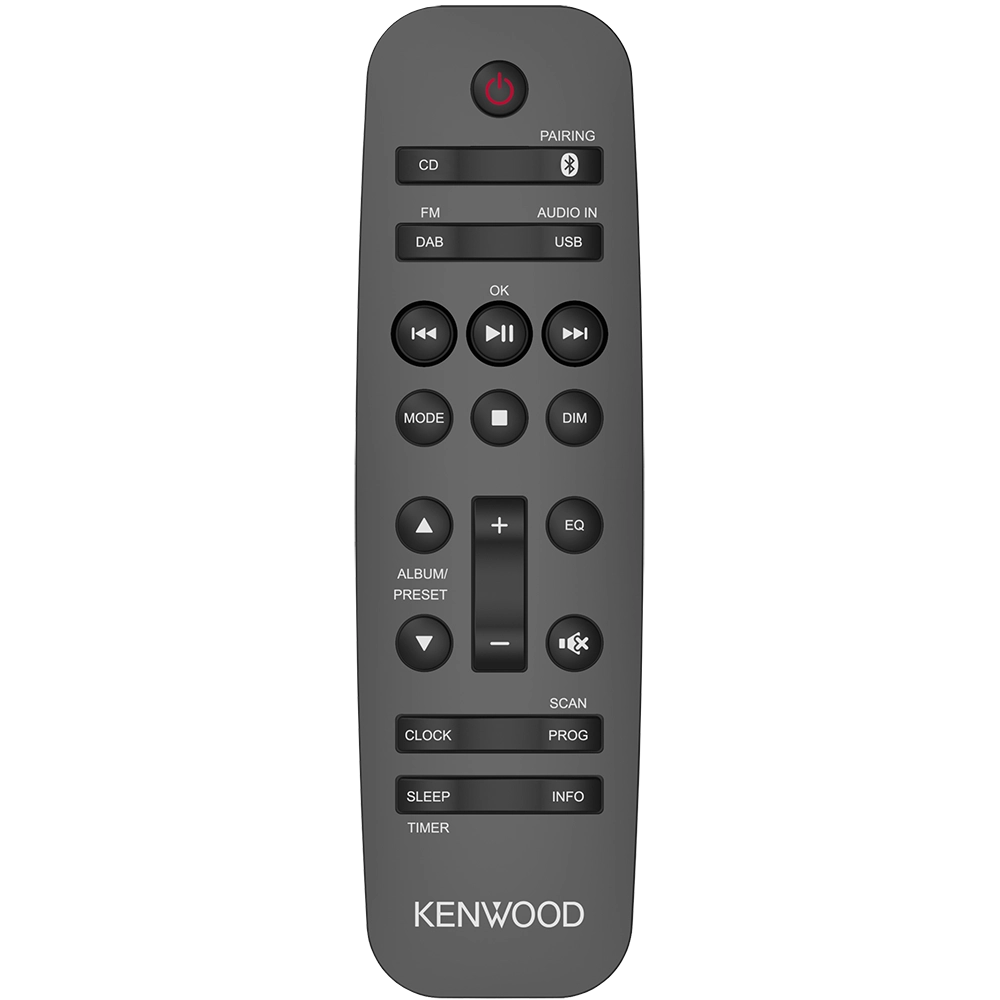 Control remoto Kenwood gris oscuro con varios botones para CD, FM, USB, volumen y control de reproducción.