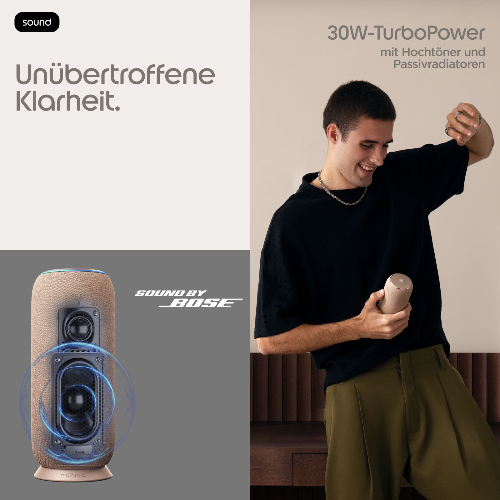 Ein junger Mann lächelt, während er einen Sound-by-Bose-Lautsprecher hält; links ist der Lautsprecher im Schnitt zu sehen.