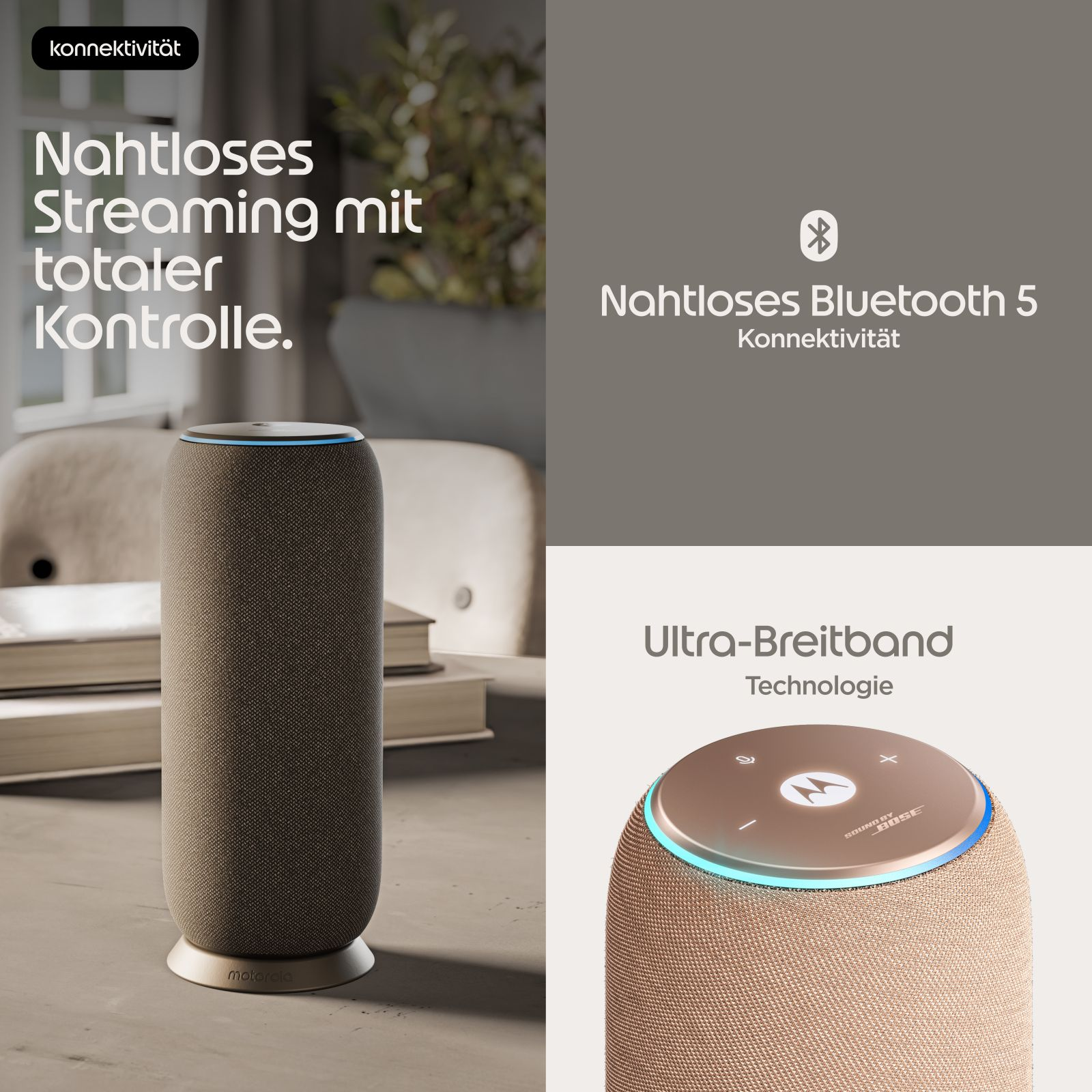 Ein zylindrischer Motorola-Lautsprecher auf einem Tisch mit deutscher Textüberlagerung zu Bluetooth und Ultra-Breitband.