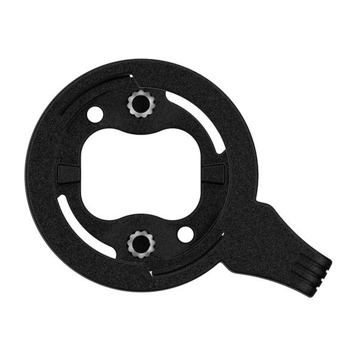 Anello paracatena per bicicletta nero rotondo con supporto integrato.