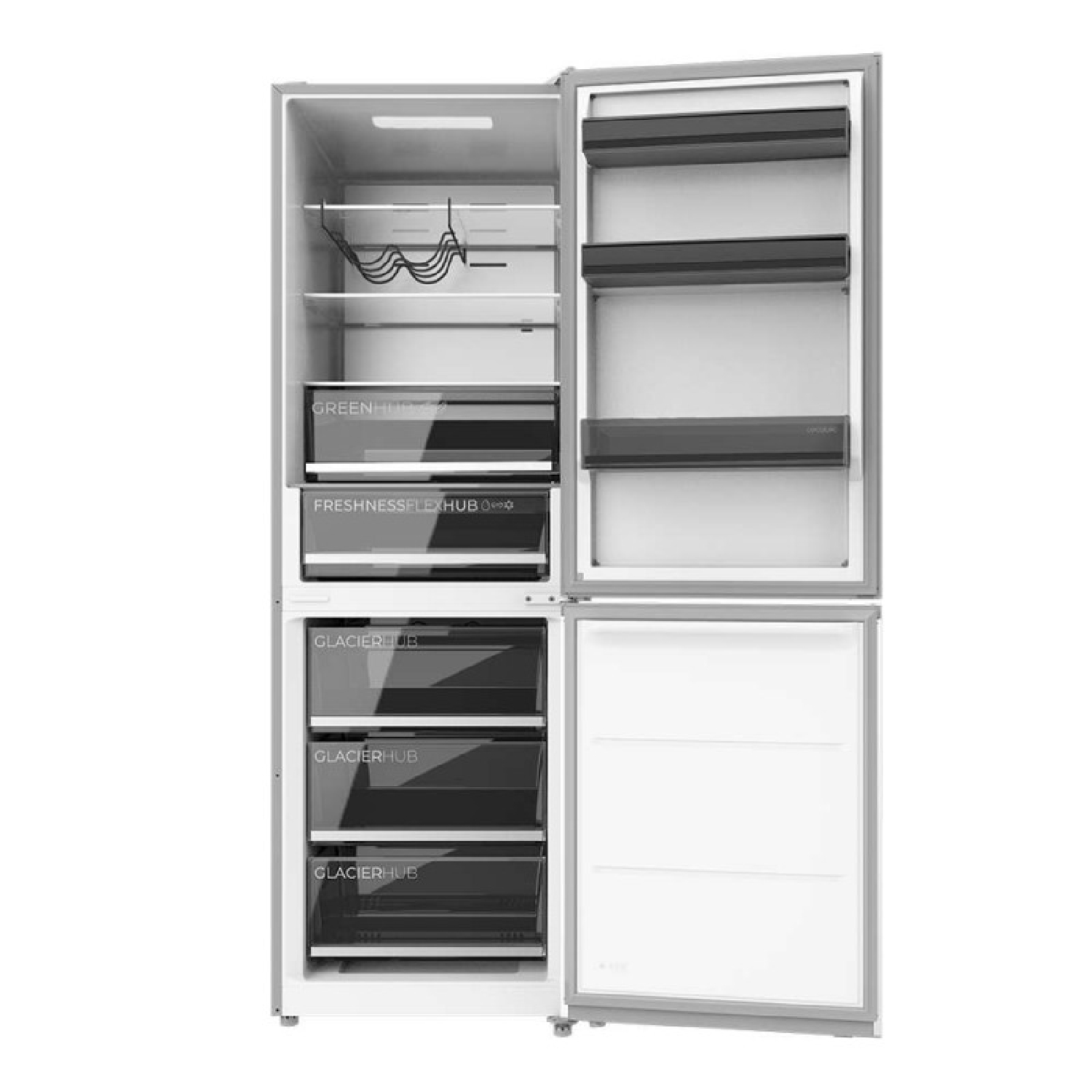 Refrigerador plateado abierto con estantes, compartimentos y balcones.