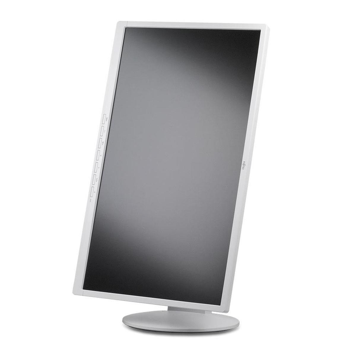 Un monitor di computer bianco si trova verticalmente su una base rotonda su sfondo bianco.