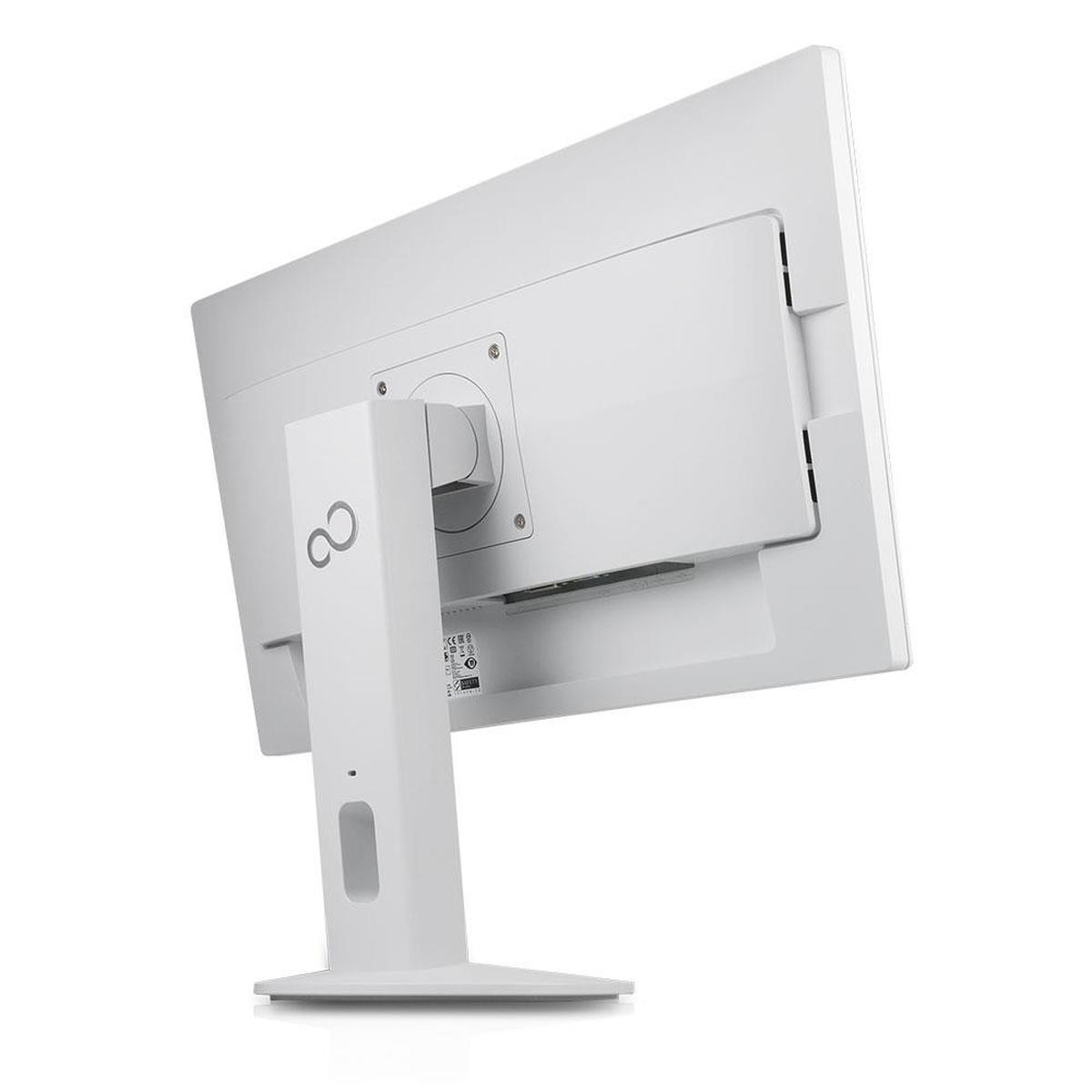 Vista posteriore di un monitor Fujitsu bianco su sfondo bianco, con un simbolo di infinito sul supporto.