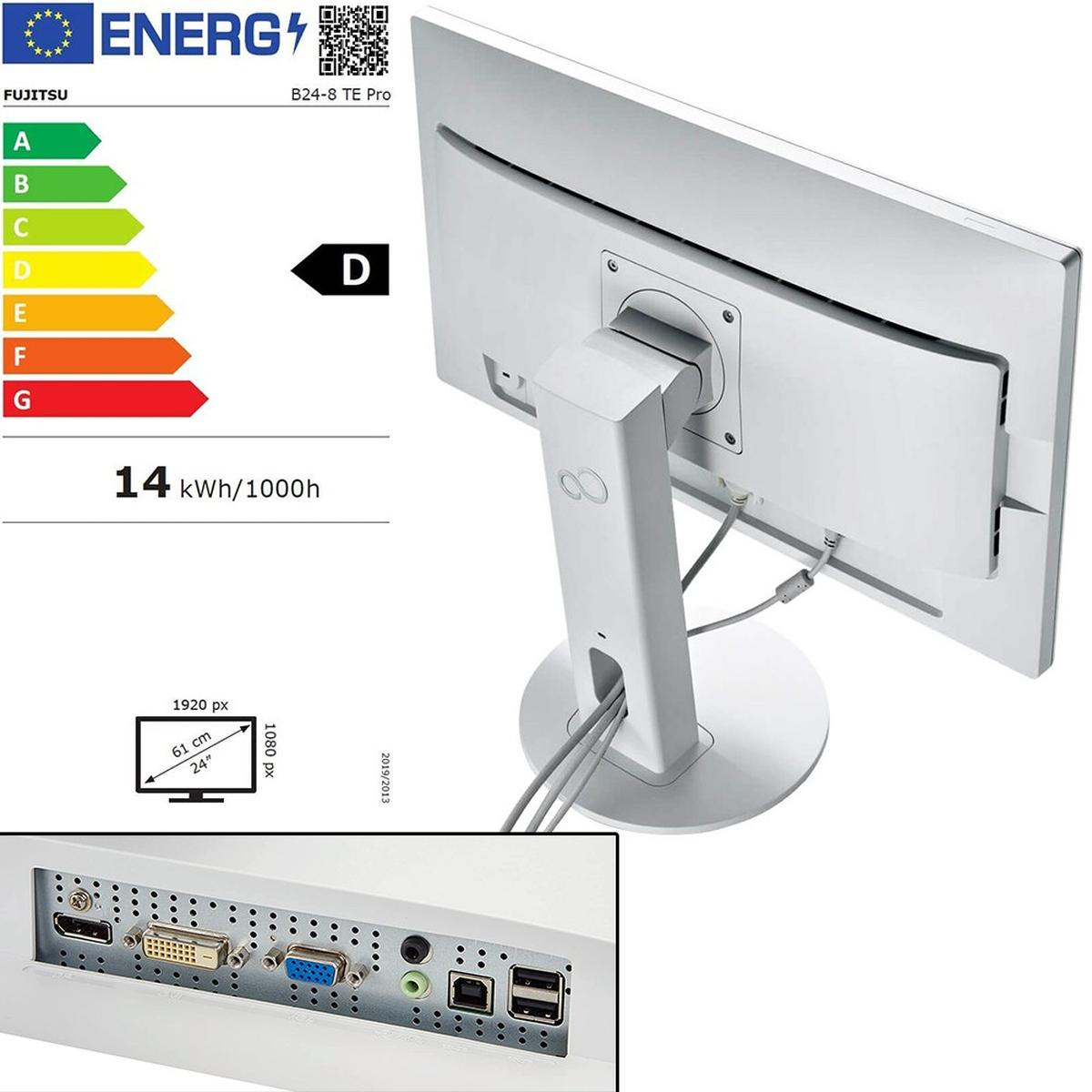 Etichetta energetica D e vista posteriore di un monitor Fujitsu B24-8 TE Pro.
