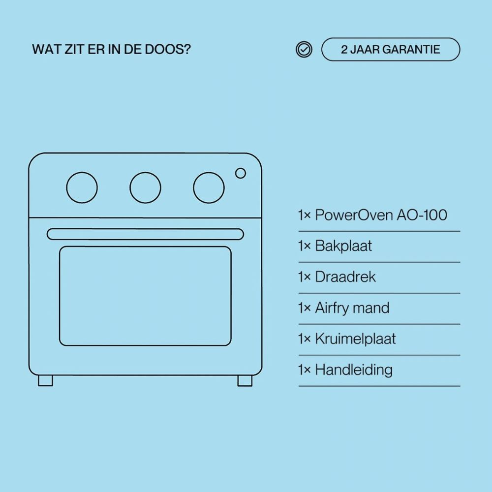 An image showing the contents of an oven box including the oven, baking tray, wire rack, airfry basket, and manual.