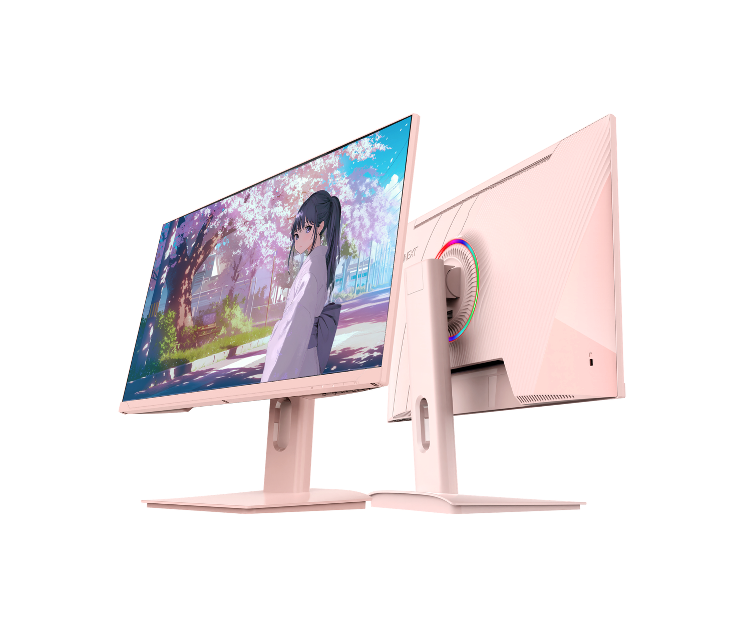 Dos monitores de computadora rosados sobre fondo blanco, mostrando el frente con fondo de anime y la parte trasera con luz RGB.