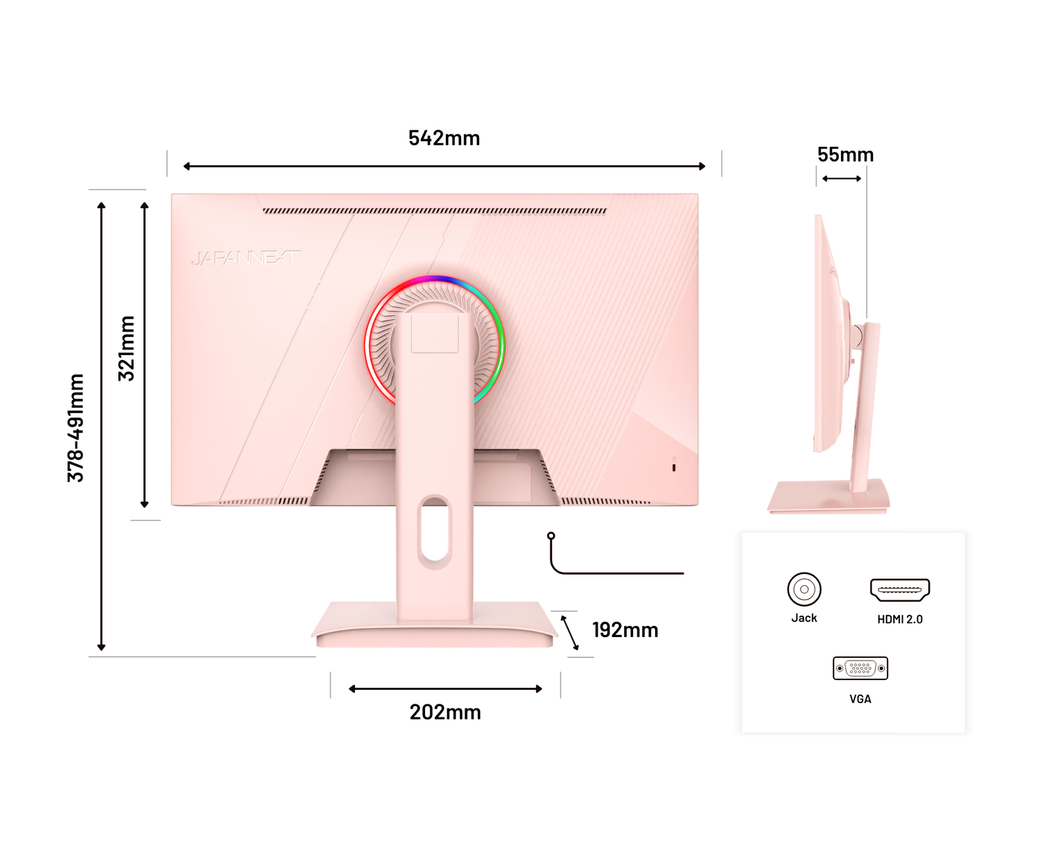 Dibujo técnico de un monitor de computadora rosado con dimensiones y puertos.