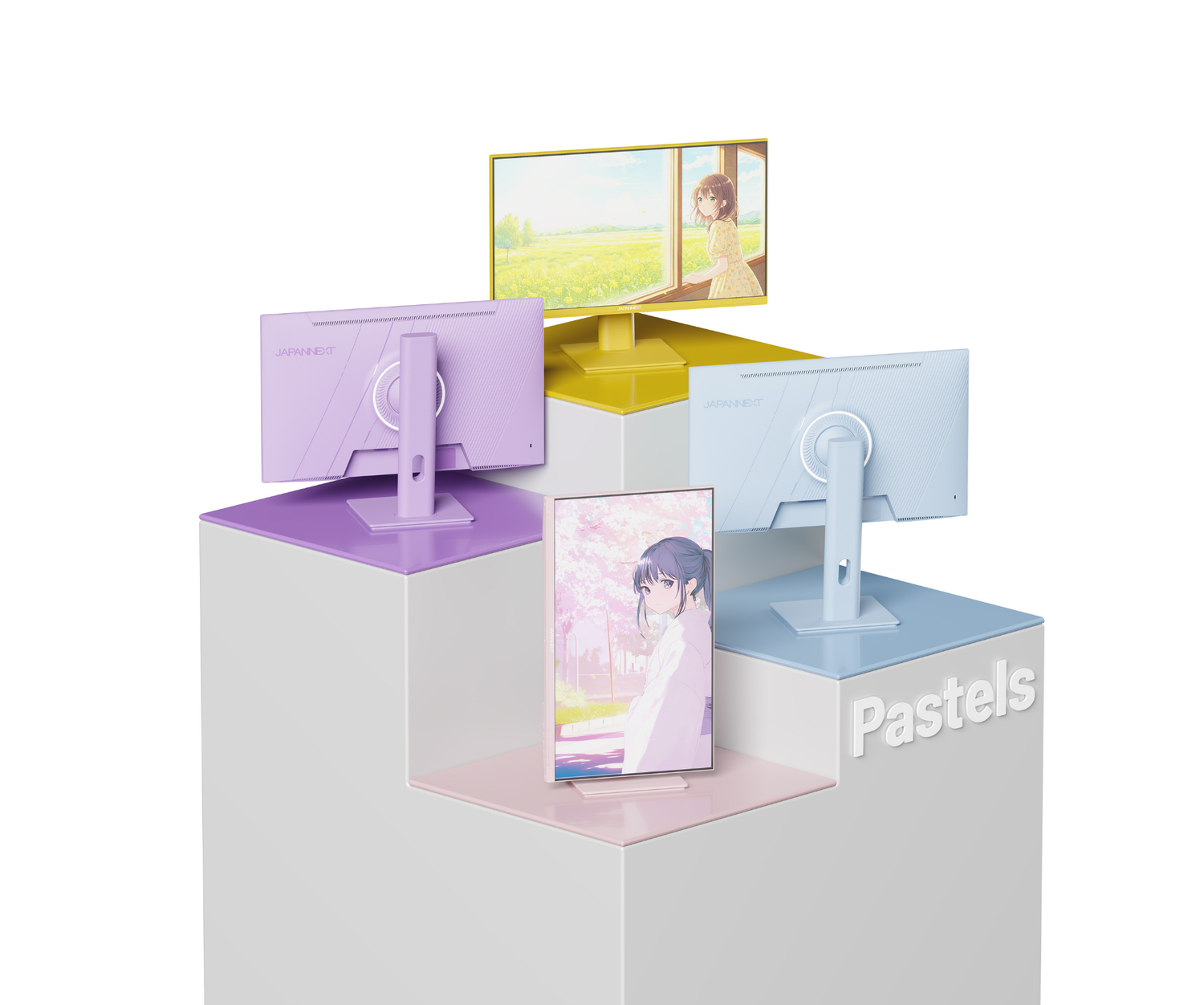 Cuatro monitores de computadora pastel coloridos muestran fondos de pantalla de anime en pedestales blancos escalonados etiquetados como Pastels.