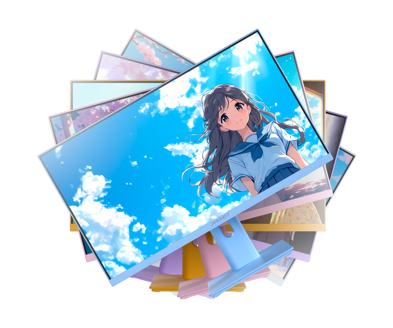 Múltiples monitores de ordenador coloridos muestran escenas de anime con cielo azul y nubes.