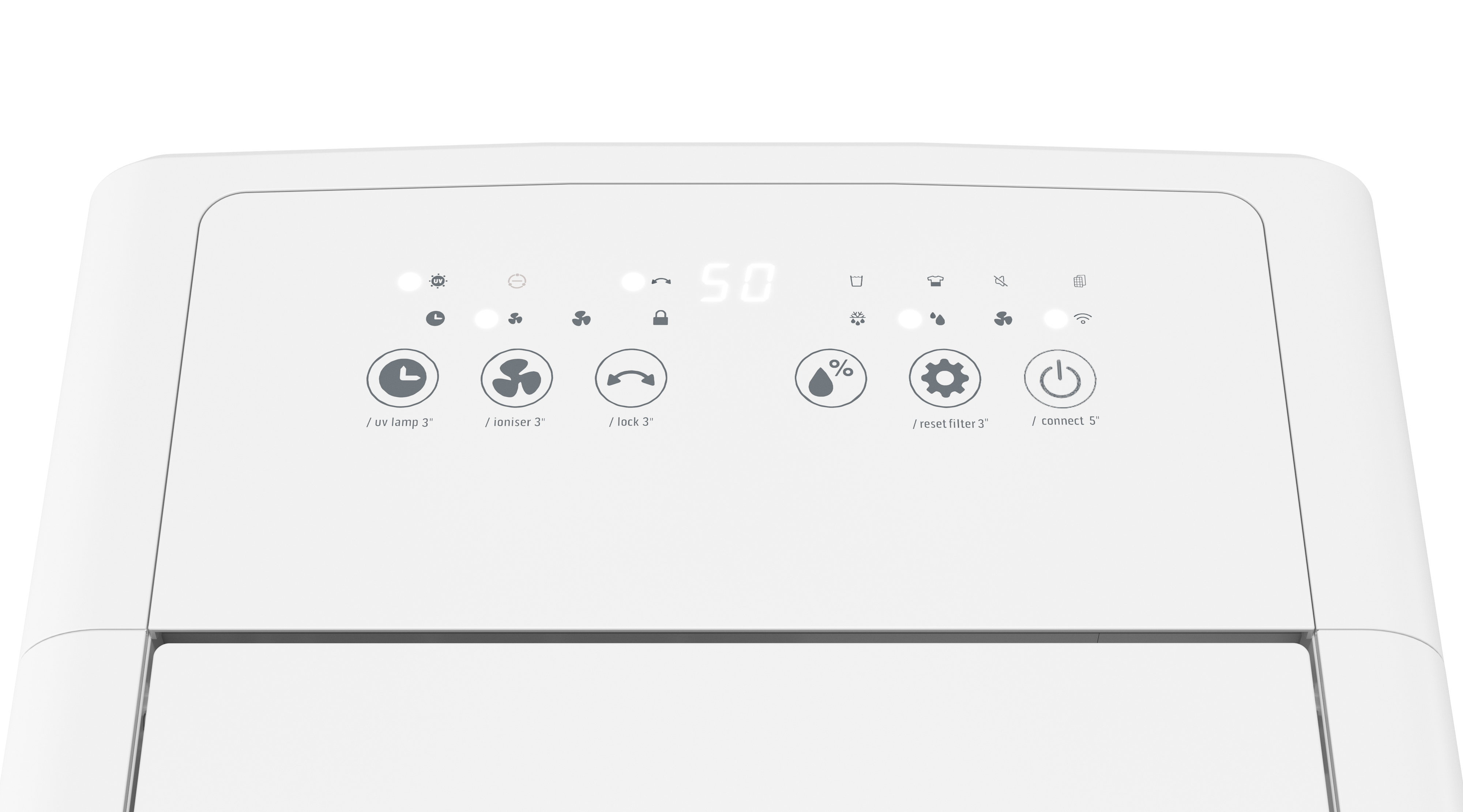 Pannello di controllo superiore di un deumidificatore bianco con icone, pulsanti e display digitale.