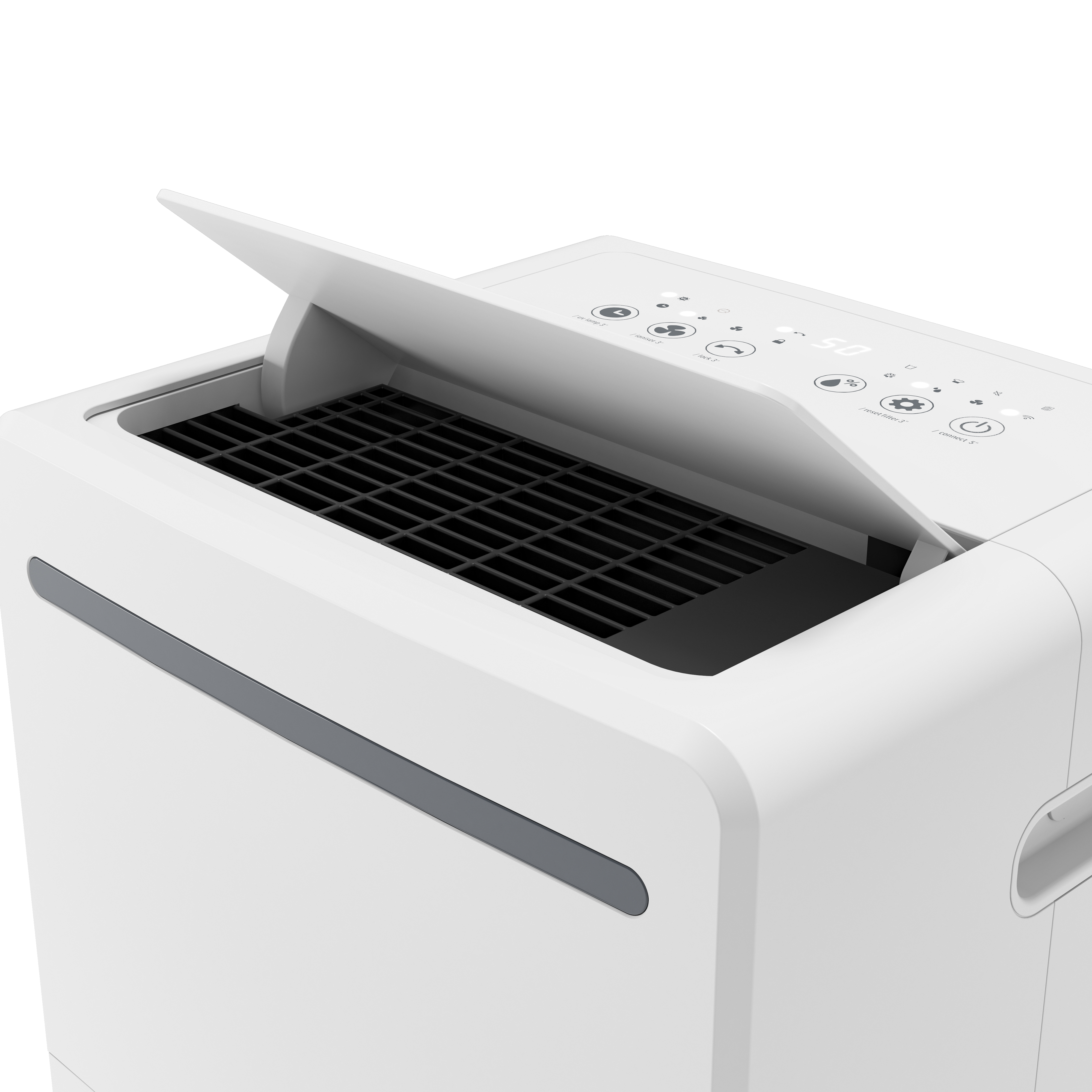 Deumidificatore bianco con coperchio superiore aperto, griglia di ventilazione nera e pannello di controllo su sfondo bianco.