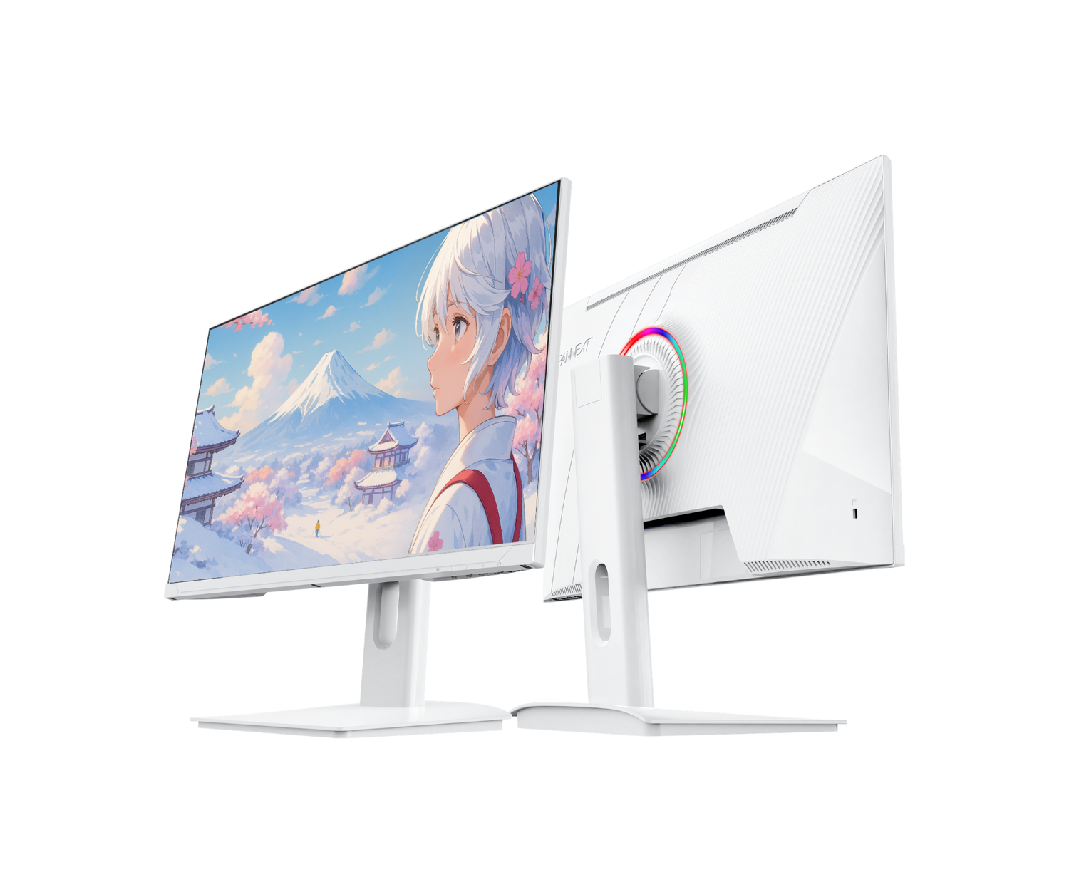 Dos monitores de PC blancos sobre fondo blanco. Uno muestra arte anime y el otro iluminación RGB trasera.