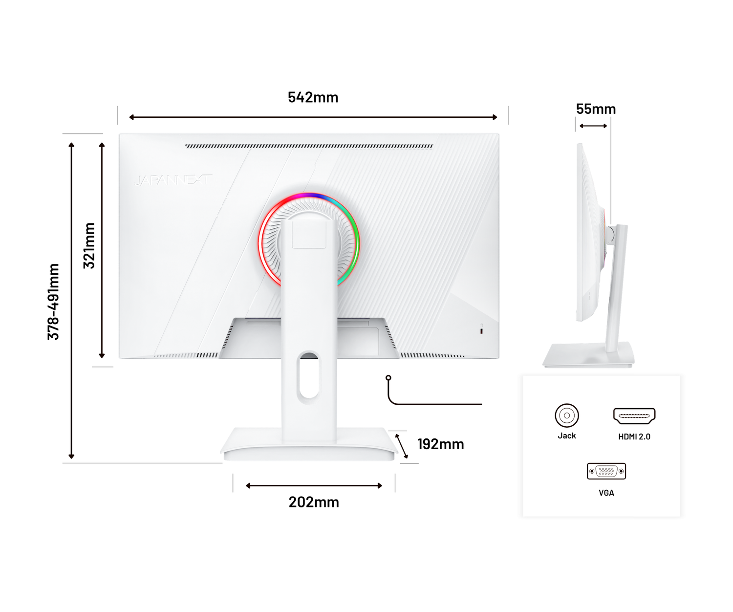 Dibujo técnico de un monitor blanco con dimensiones, vista lateral y puertos.