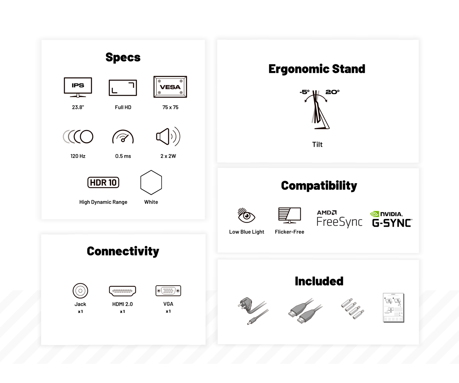Infografía con especificaciones de monitor como IPS, 23.8 pulgadas, Full HD, frecuencia, conectividad e inclinación.