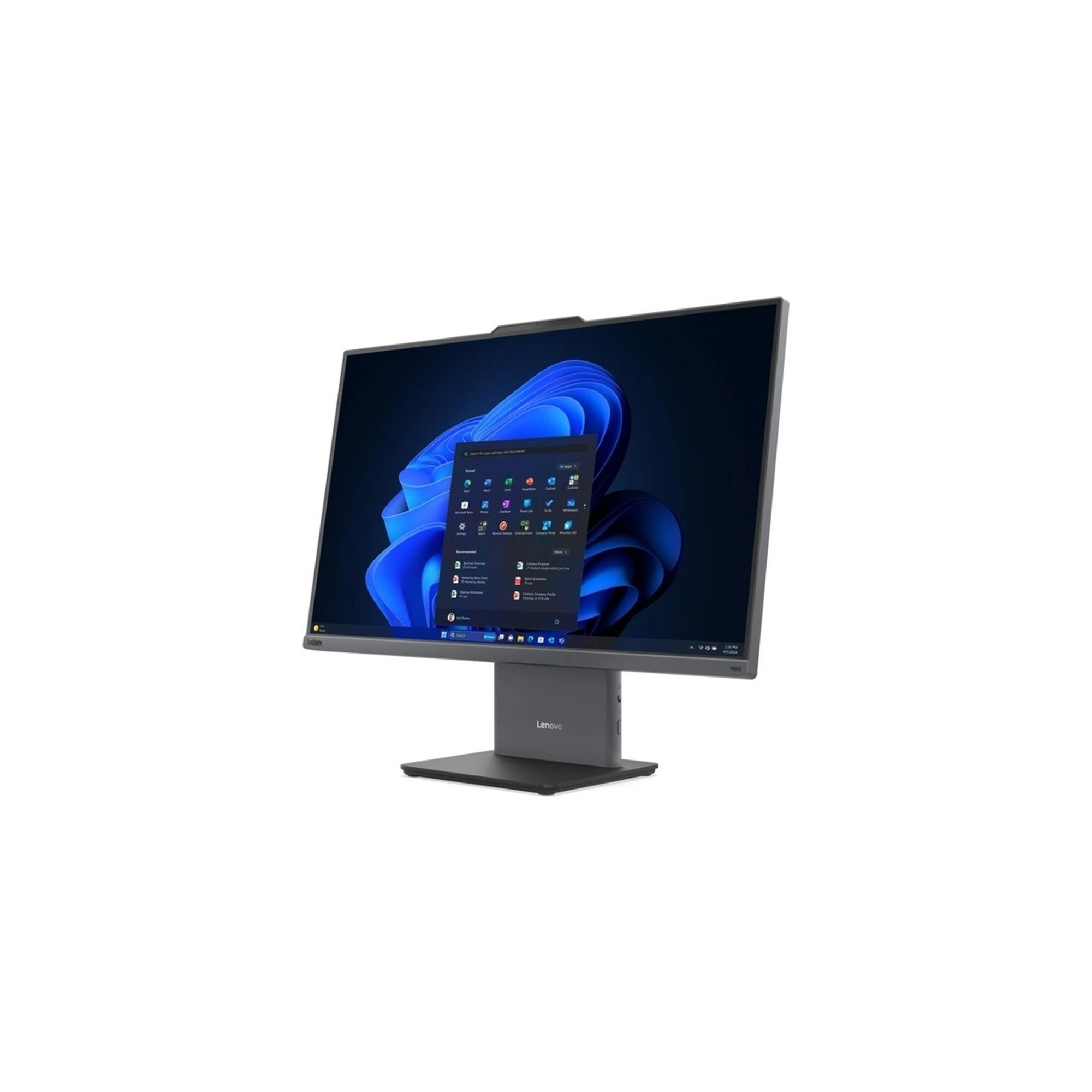 Beyaz arka planda, ekranda mavi bir başlat menüsü gösteren Lenovo hepsi bir arada bilgisayar.