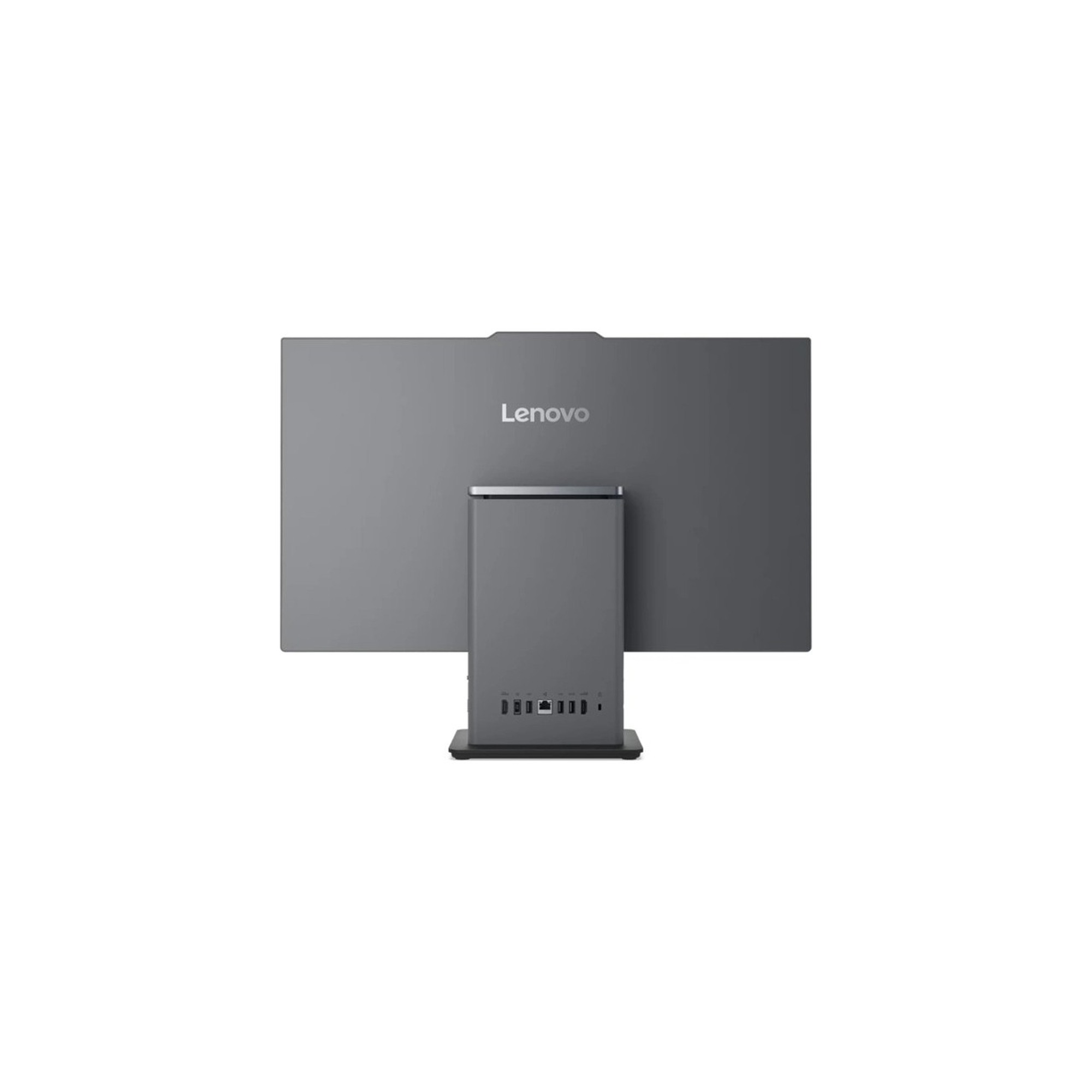 Entegre yerleştirme istasyonuna ve görünür bağlantı noktalarına sahip gri bir Lenovo monitörün arkadan görünümü.