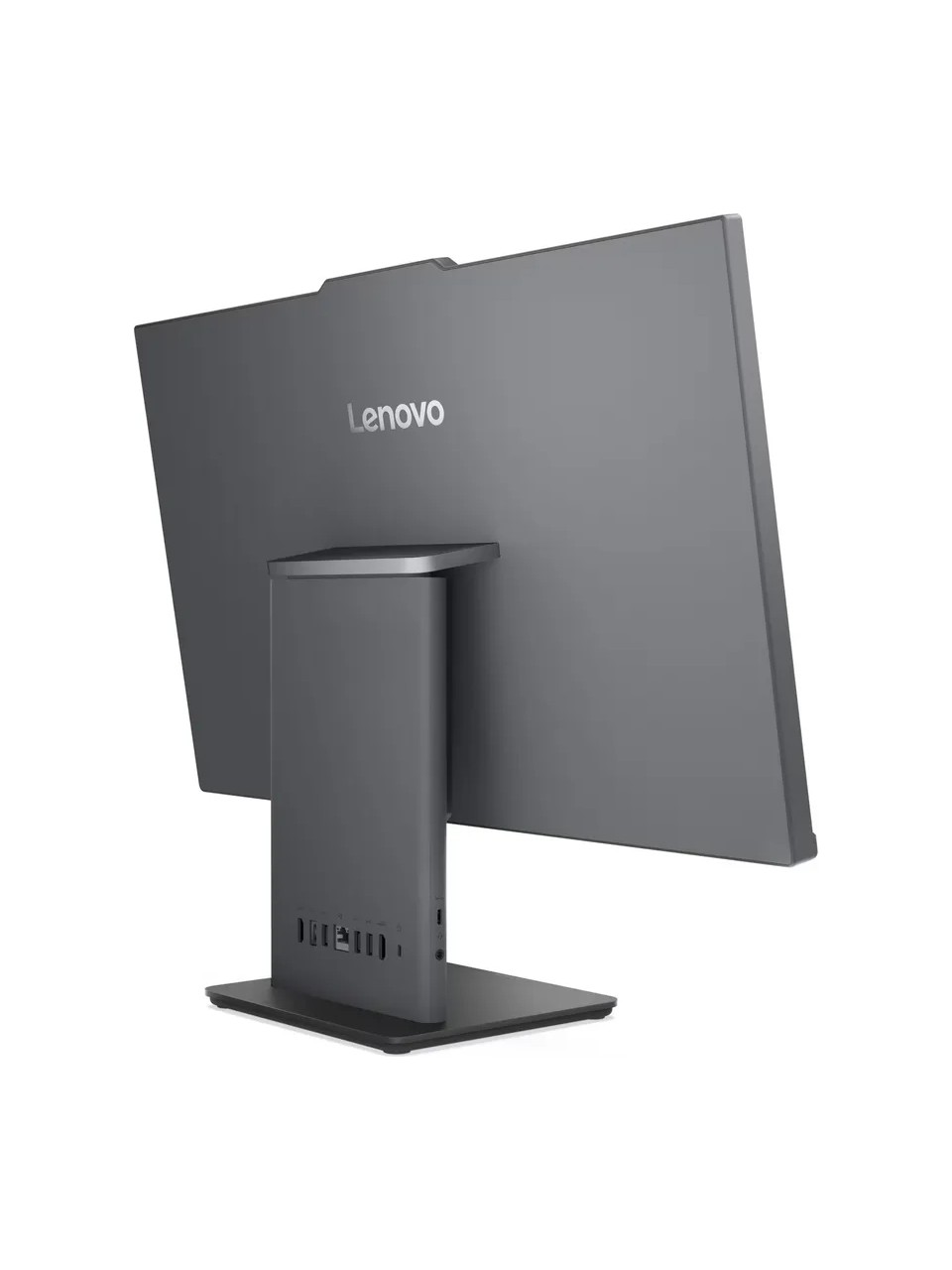 Entegre dock'a ve çeşitli bağlantı noktalarına sahip gri bir Lenovo monitörün arka görünümü.