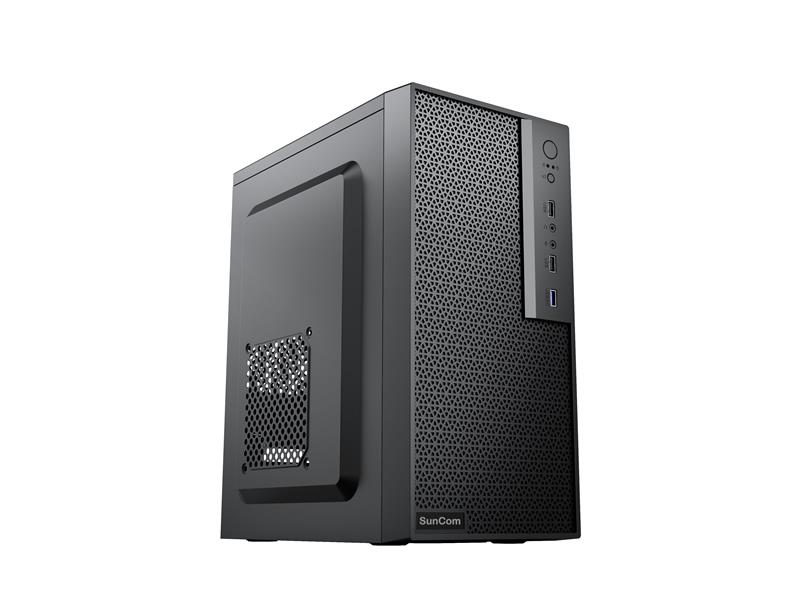 Beyaz arka planda ön paneli delikli ve ön bağlantı noktalarına sahip siyah bir SunCom PC kasası.