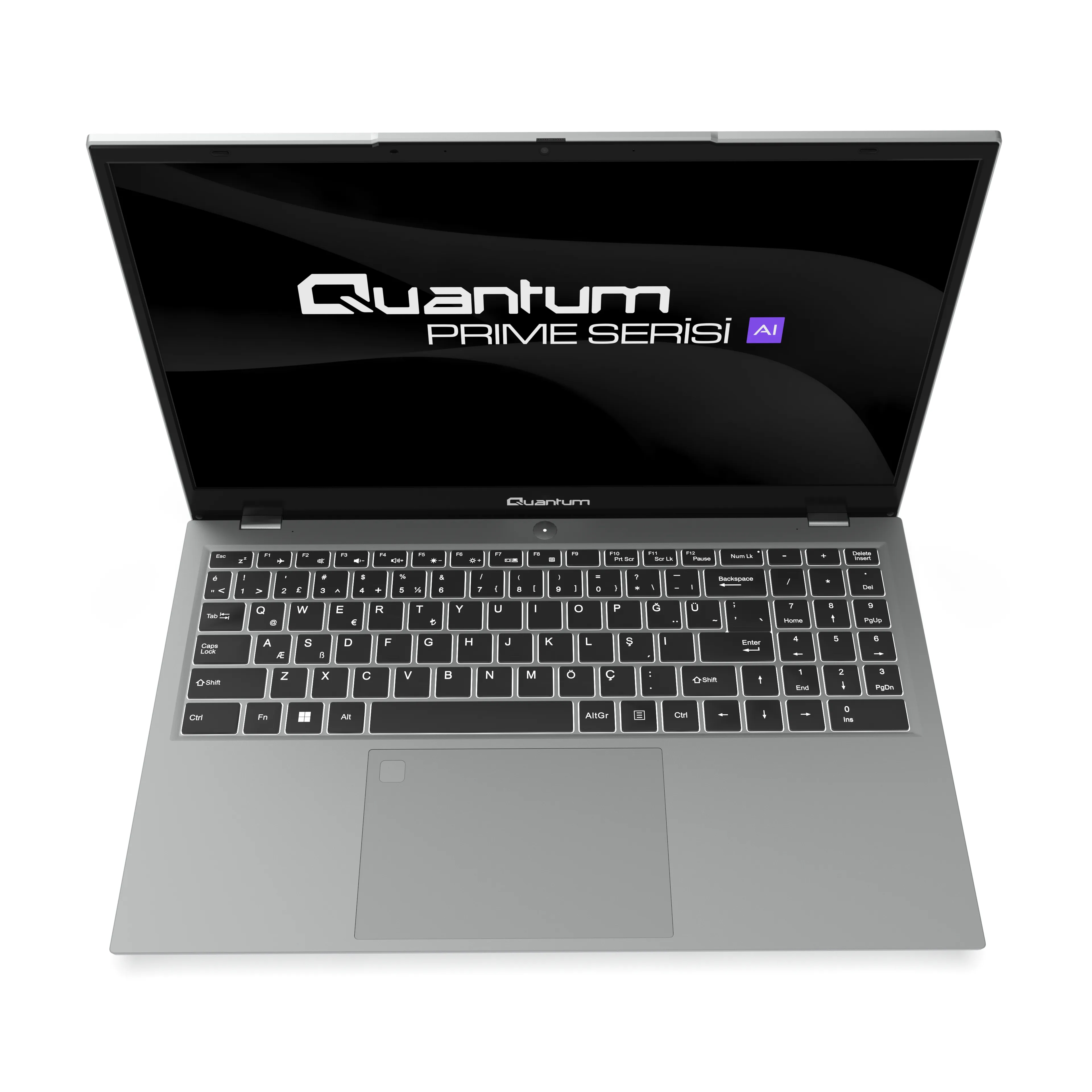 Quantum logolu siyah ekranı ve arkadan aydınlatmalı klavyesi olan gri renkli Quantum Prime dizüstü bilgisayar.