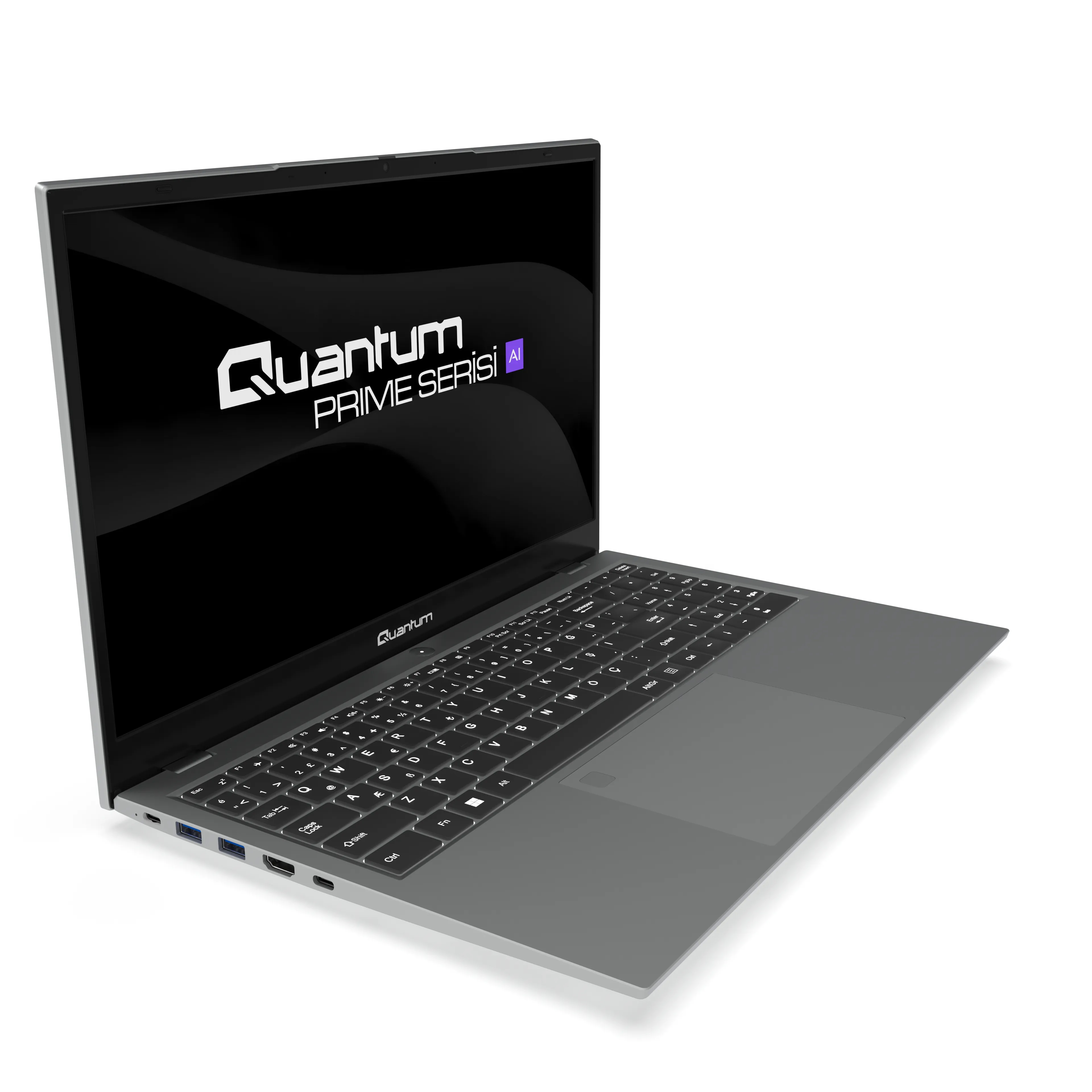 Beyaz arka planda siyah ekranlı ve aydınlatmalı klavyeli gri Quantum dizüstü bilgisayar.