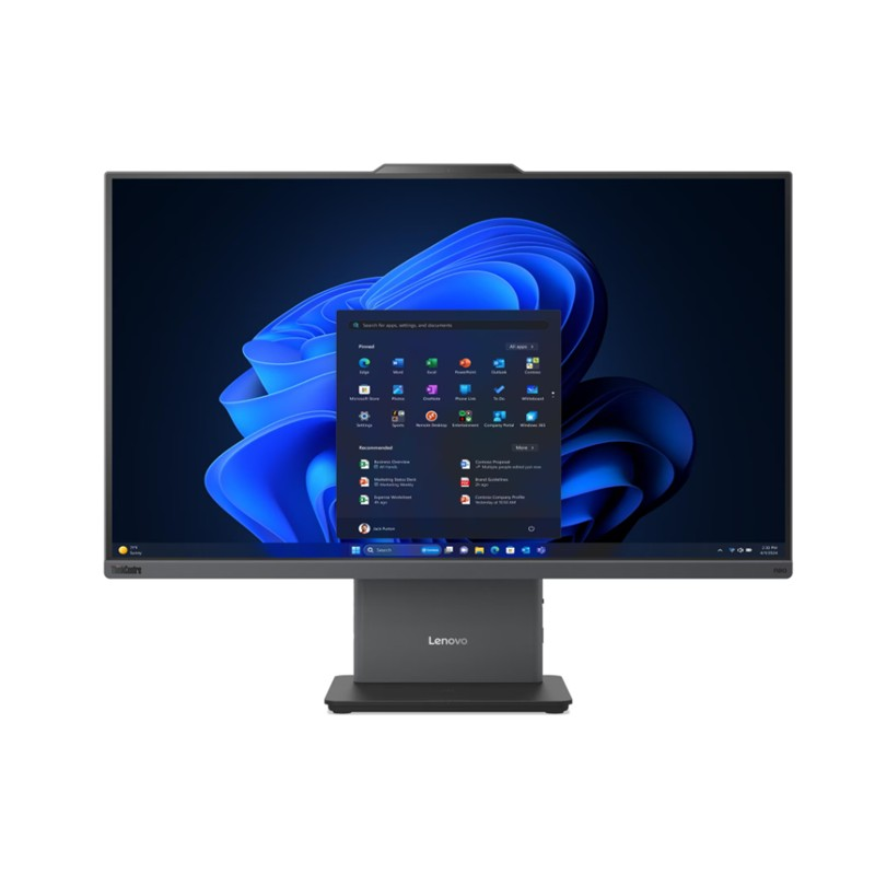 Mavi Windows duvar kağıdı ve açık başlat menüsü olan bir Lenovo ThinkCentre hep bir arada bilgisayar.