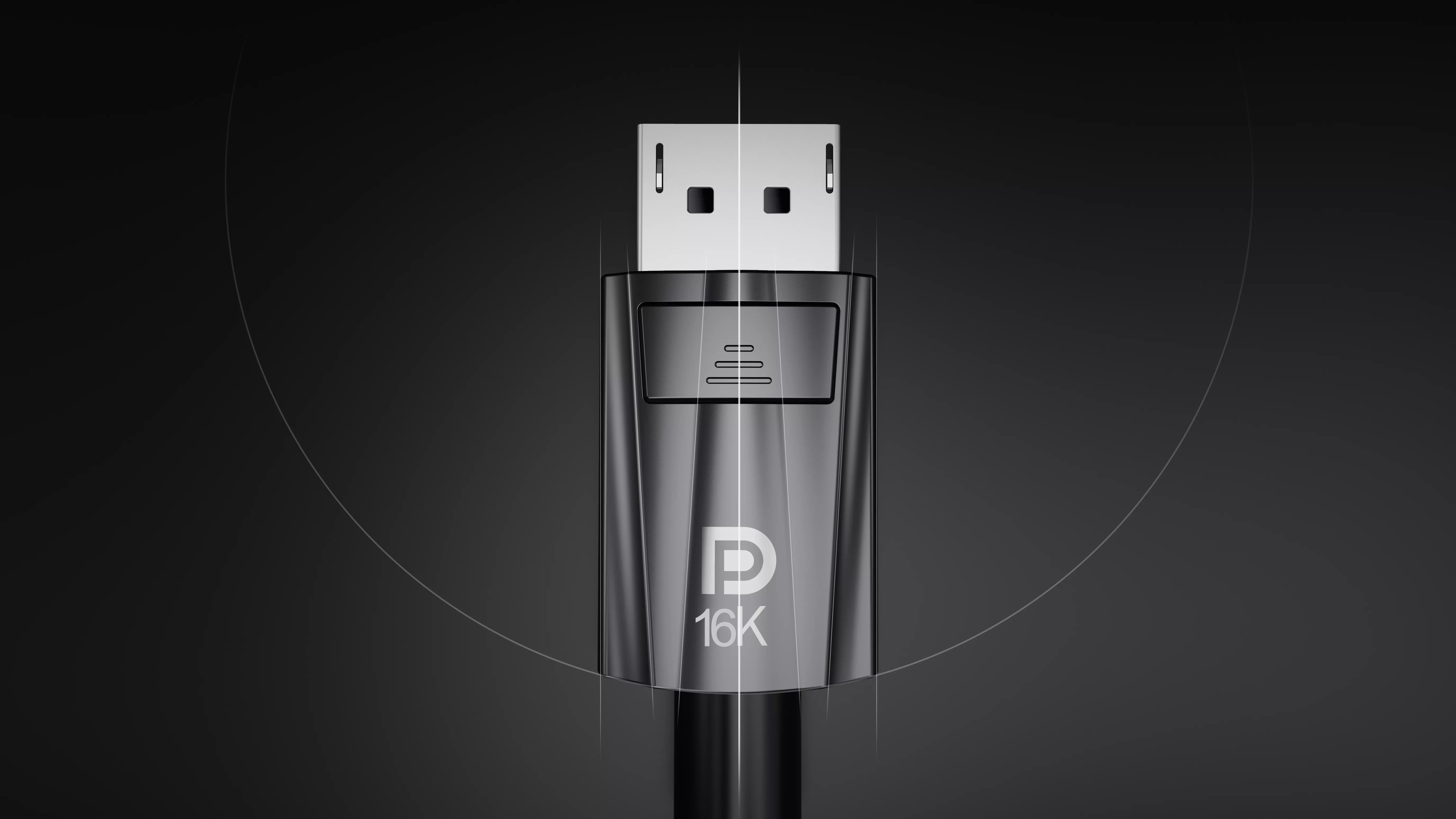 Ein schwarzes 16K DisplayPort-Kabel mit glänzendem Stecker auf dunklem Hintergrund.