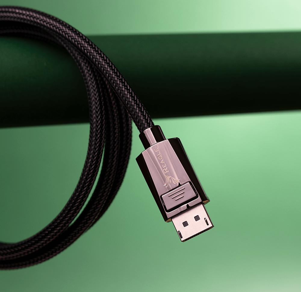 Ein geflochtenes schwarzes DisplayPort-Kabel mit glänzendem Metallstecker vor grünem Hintergrund.