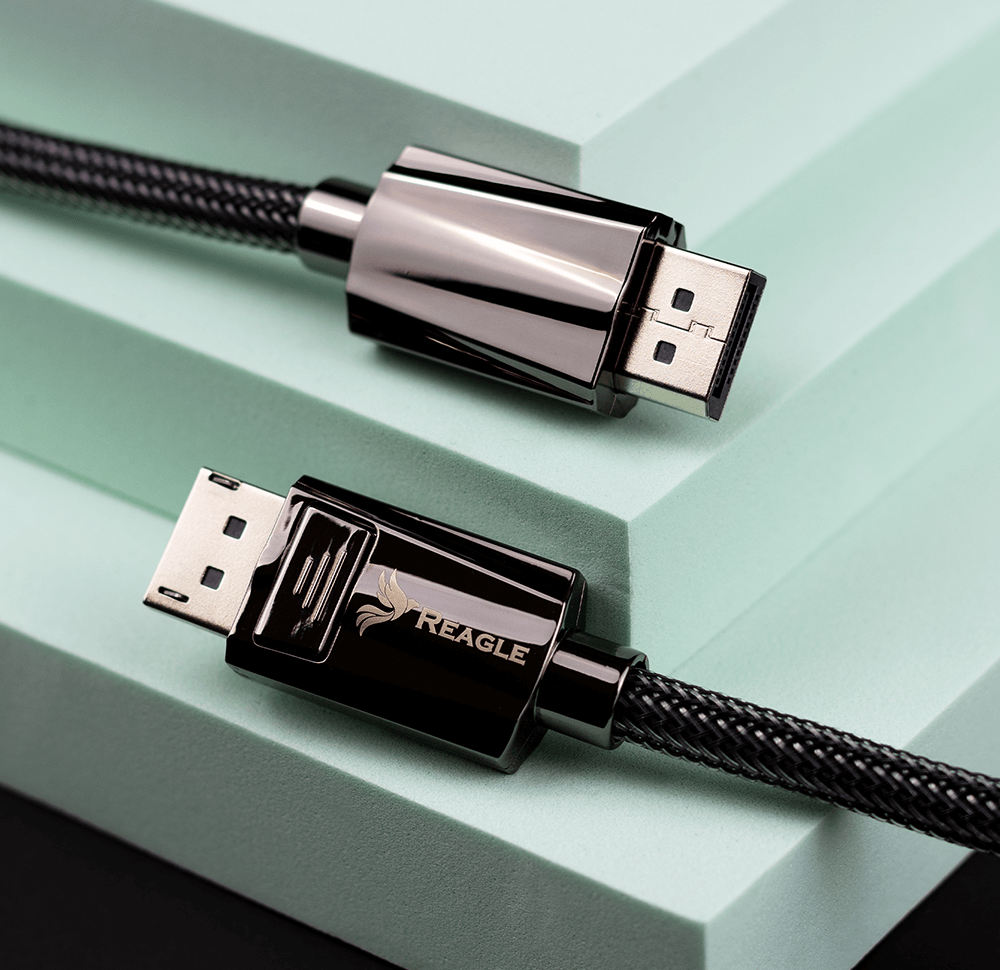 Zwei schwarze, geflochtene Reagle DisplayPort-Kabel auf hellgrünem Hintergrund.