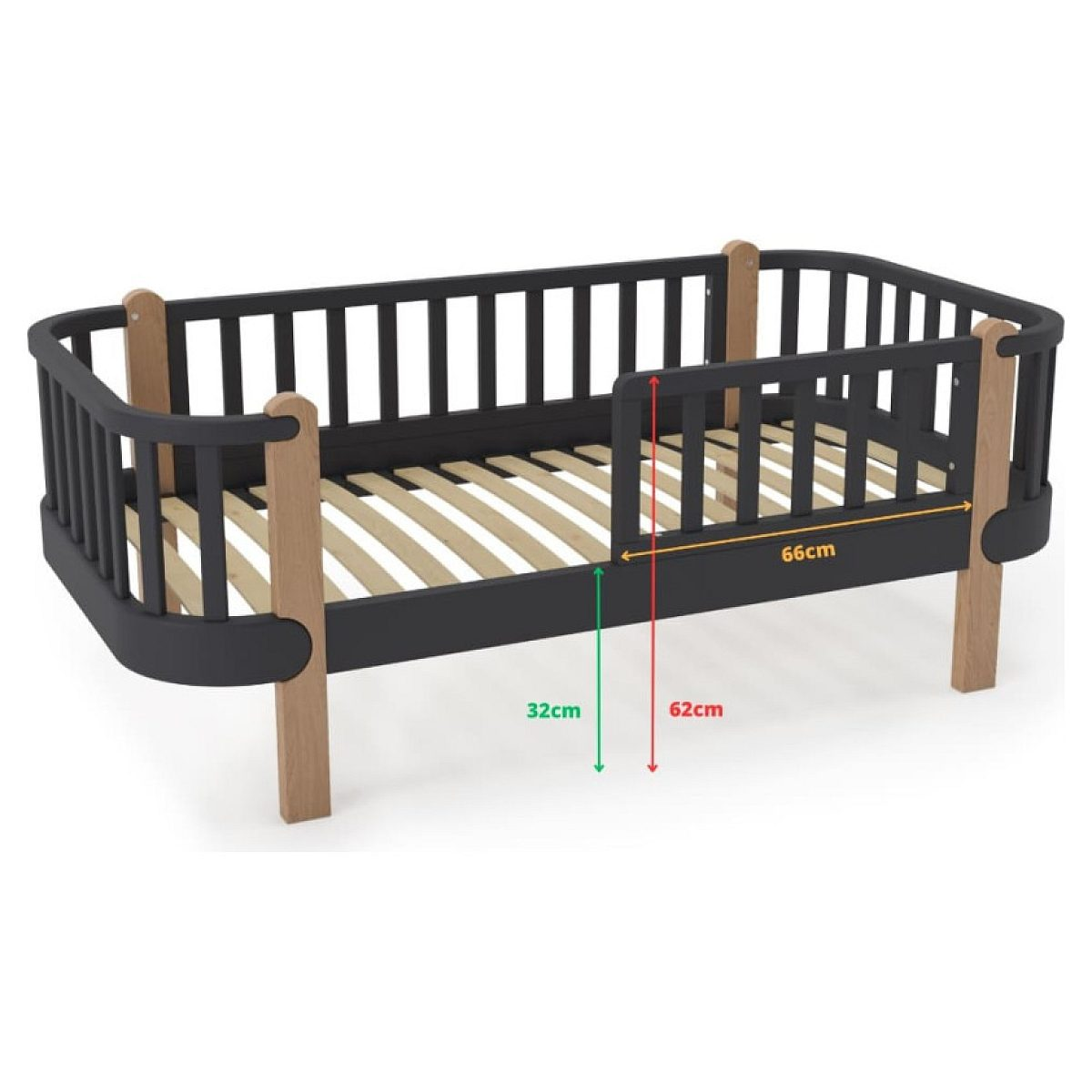 Ein schwarzes und holzfarbenes Kleinkindbett mit Schutzgittern und Maßangaben in cm.