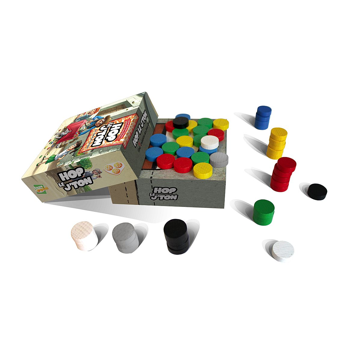 Das Brettspiel Hop Le J'Ton mit seiner Schachtel und bunten Holzspielsteinen.